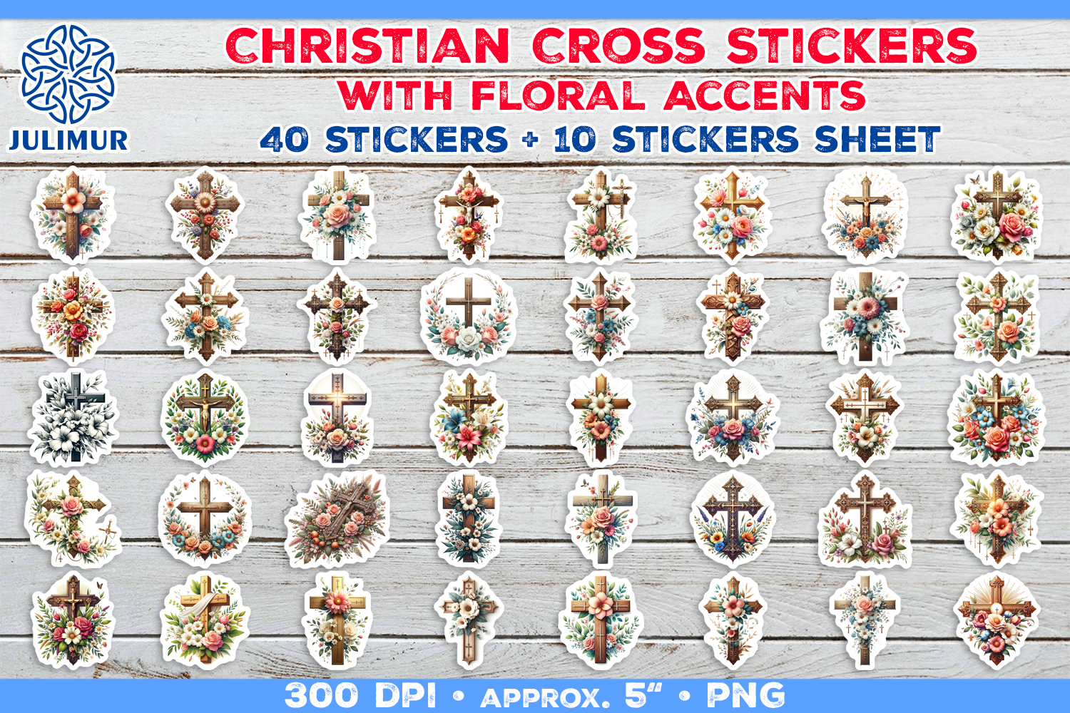 Printable Christian Cross Stickers Bundle with Flowers
