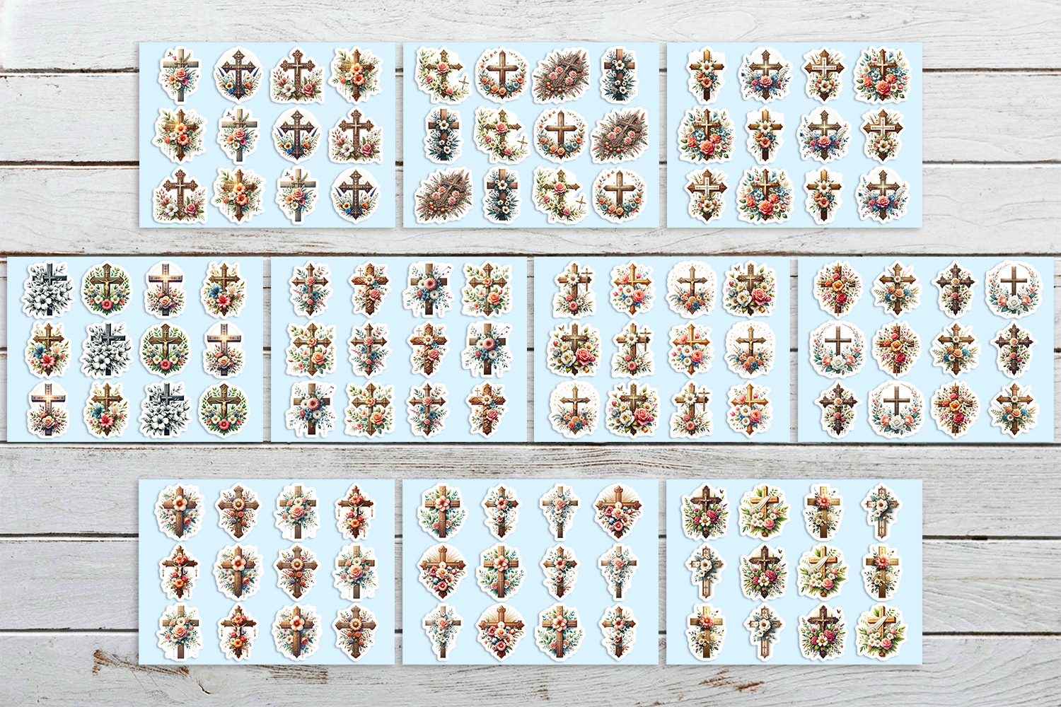 Printable Christian Cross Stickers Bundle with Flowers view 2