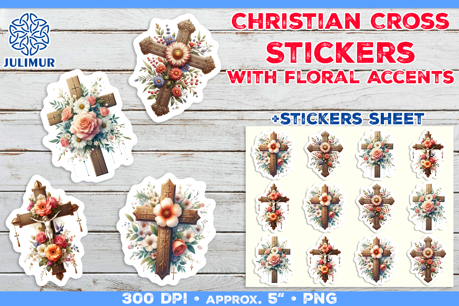 Printable Christian Cross Stickers Bundle with Flowers view 3