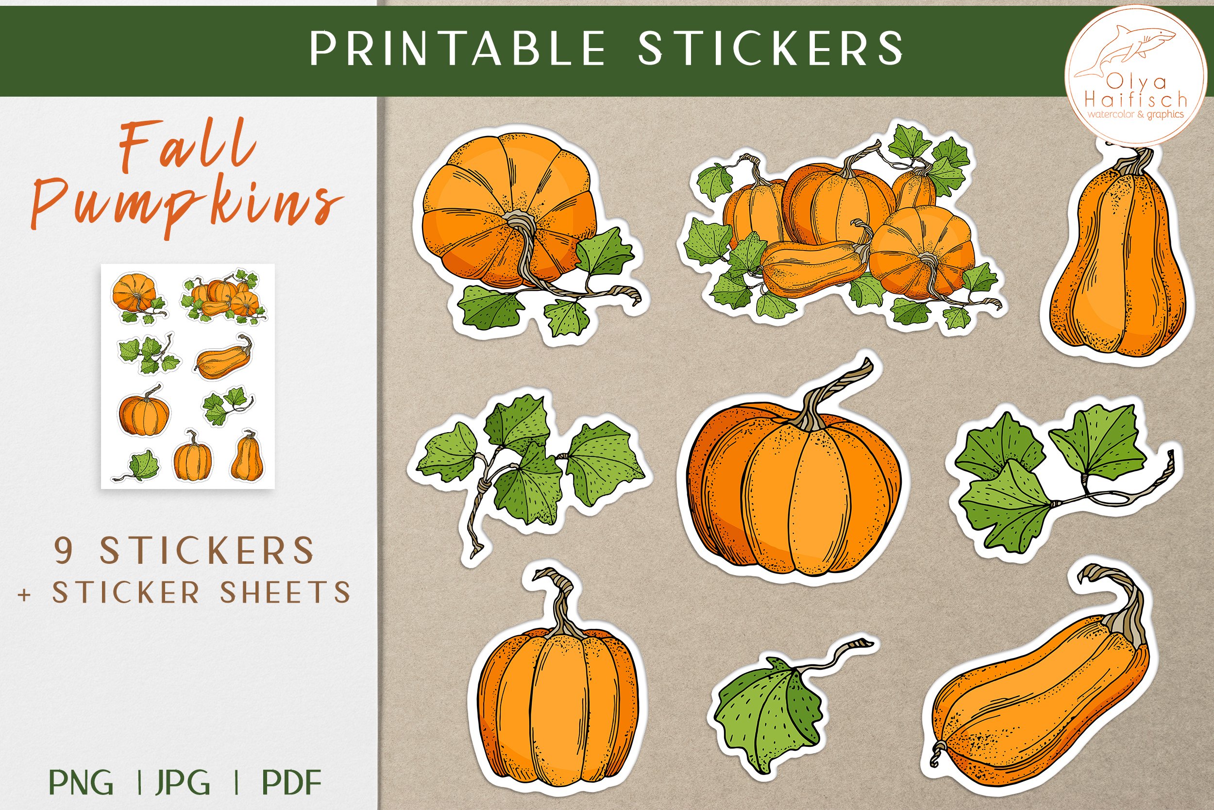 Fall Pumpkins Digital Stickers Set. Autumn Printable Sticker