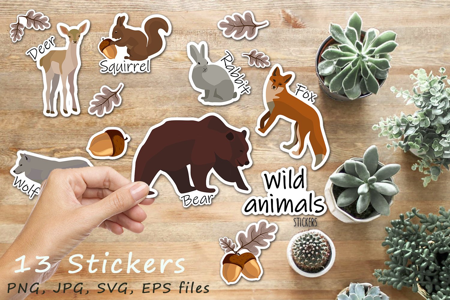 A set of stickers with forest animals, signatures and acorns