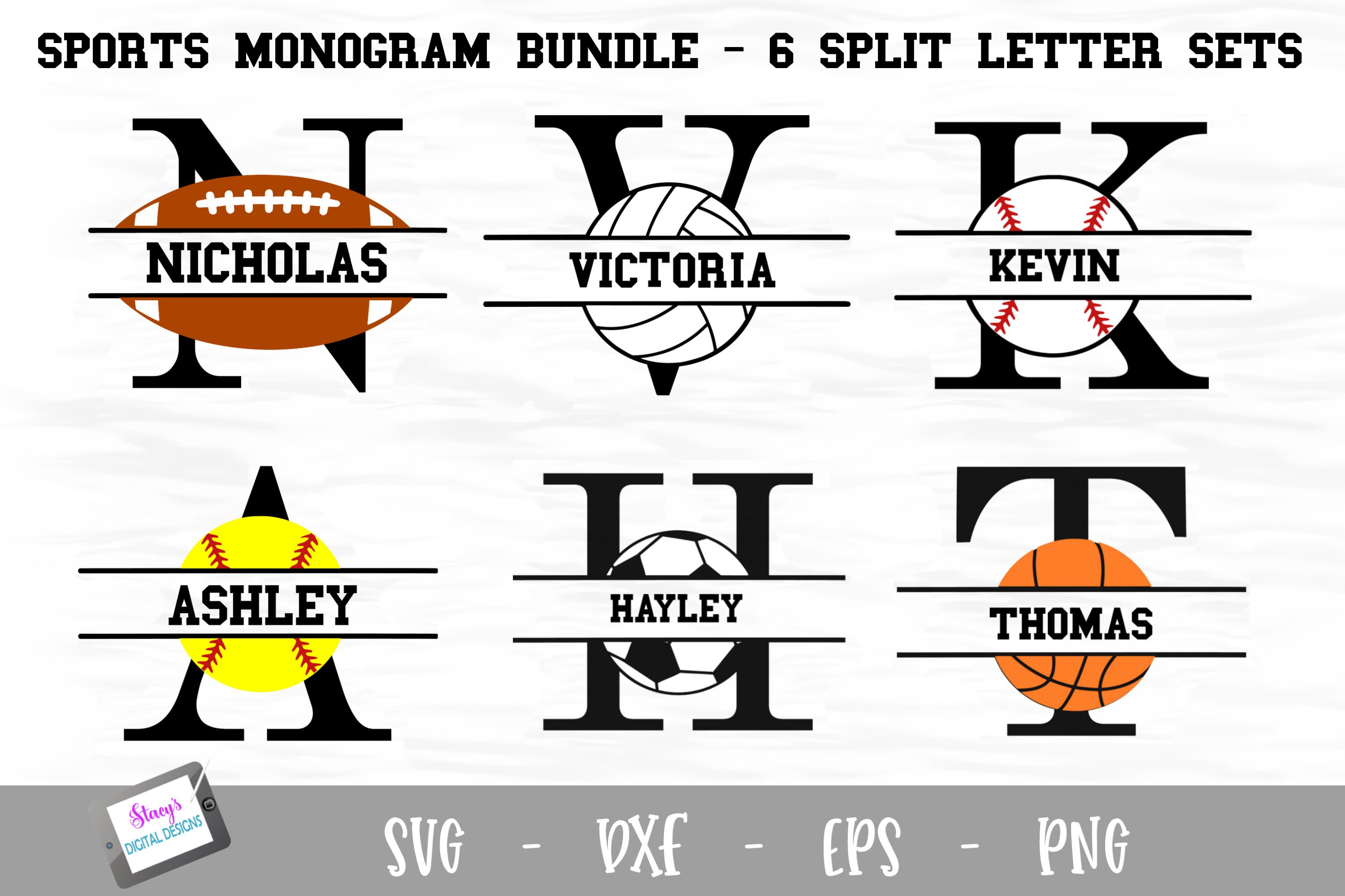 Sports Monogram Bundle - 6 Sets of Sports Split Letters A-Z