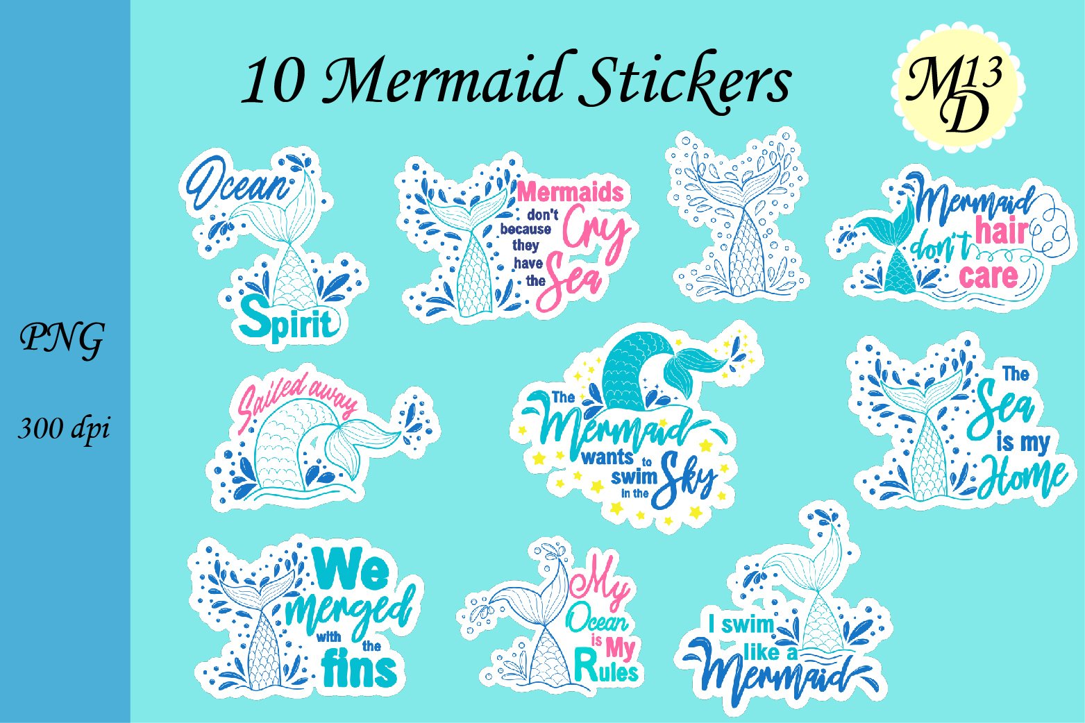 10 Mermaid Lettering Stickers png design