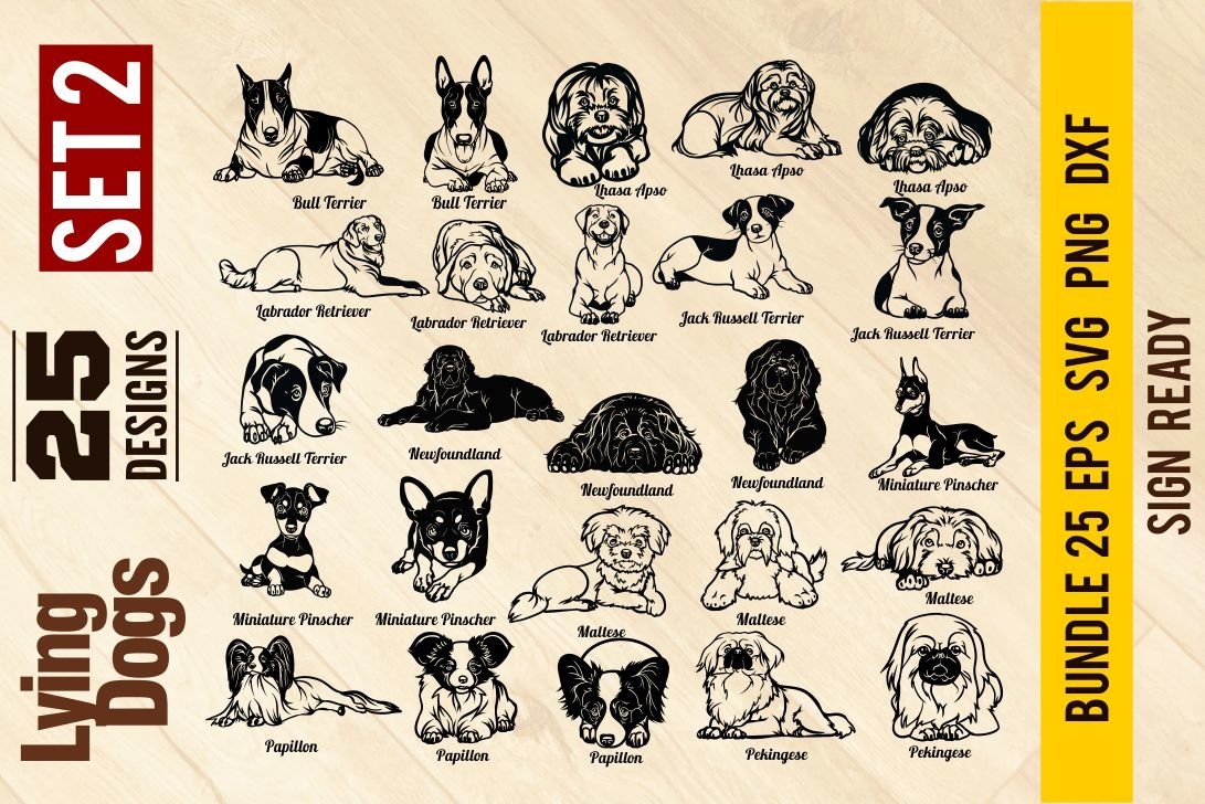 Lying Dogs Set 2, Bundle Breed Dog, Head Face, Cut vector view 2