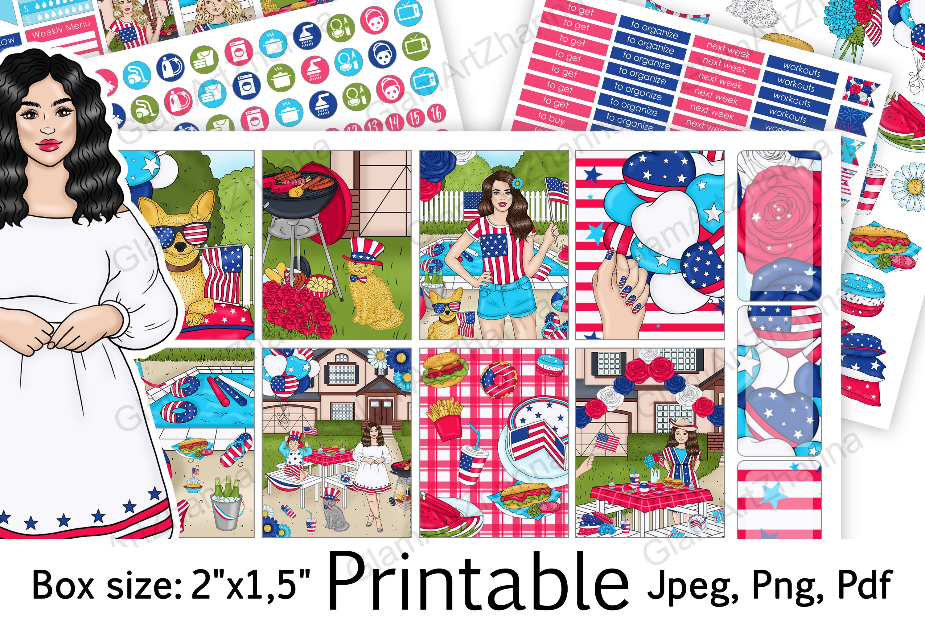 4th of July Independence Day Stickers Box Size 2"x1,5"