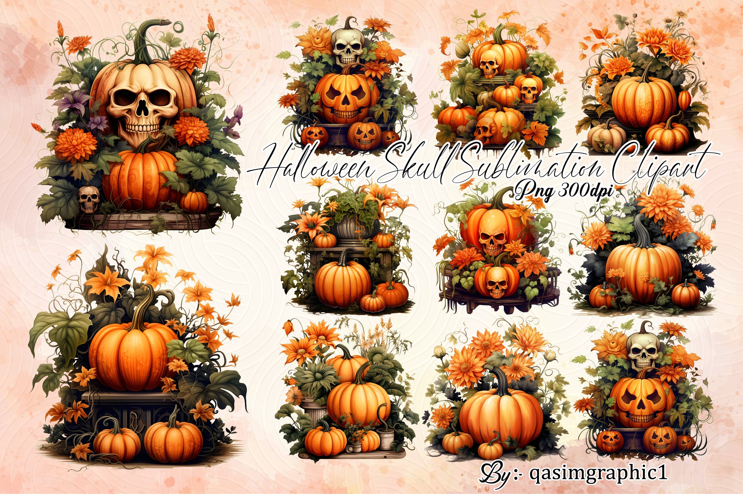 Floral Halloween Skull Clipart Bundle