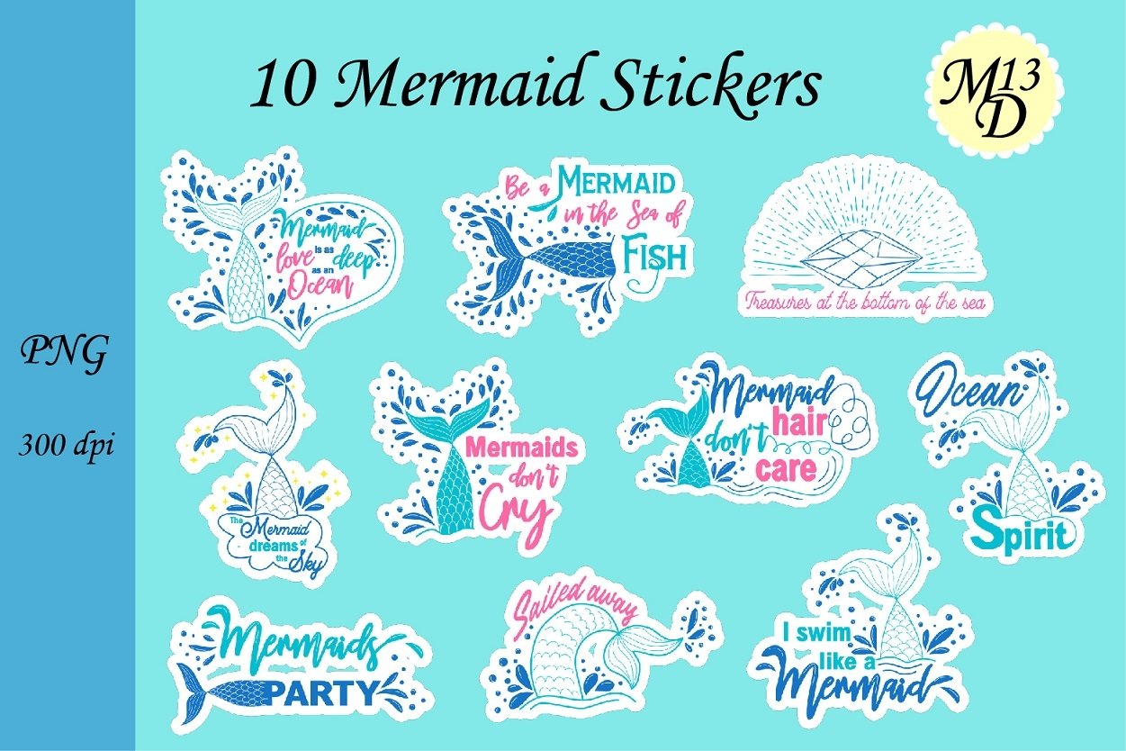 10 Mermaid Lettering Stickers png design