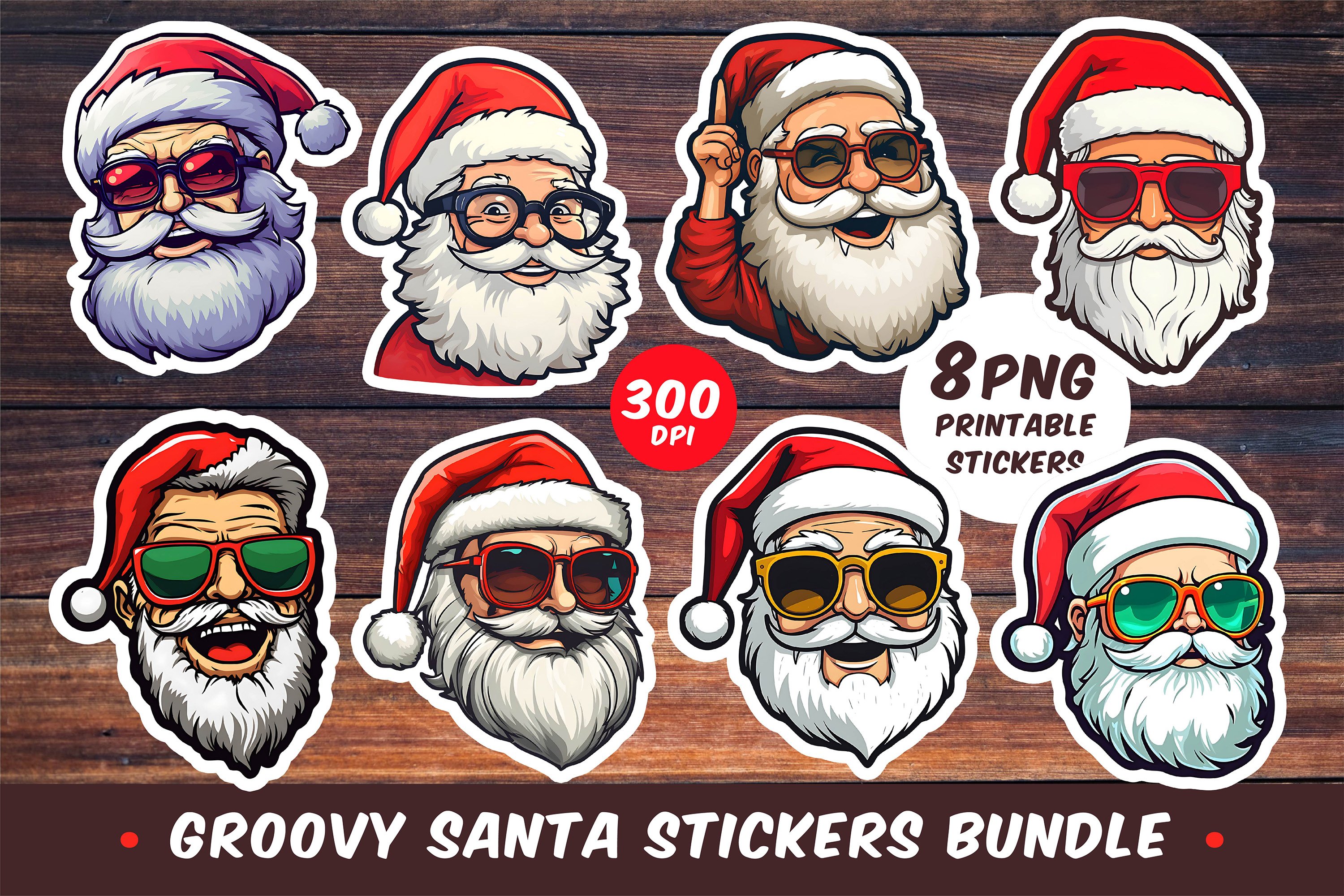 Groovy Santa Claus Stickers Bundle | 8PNG