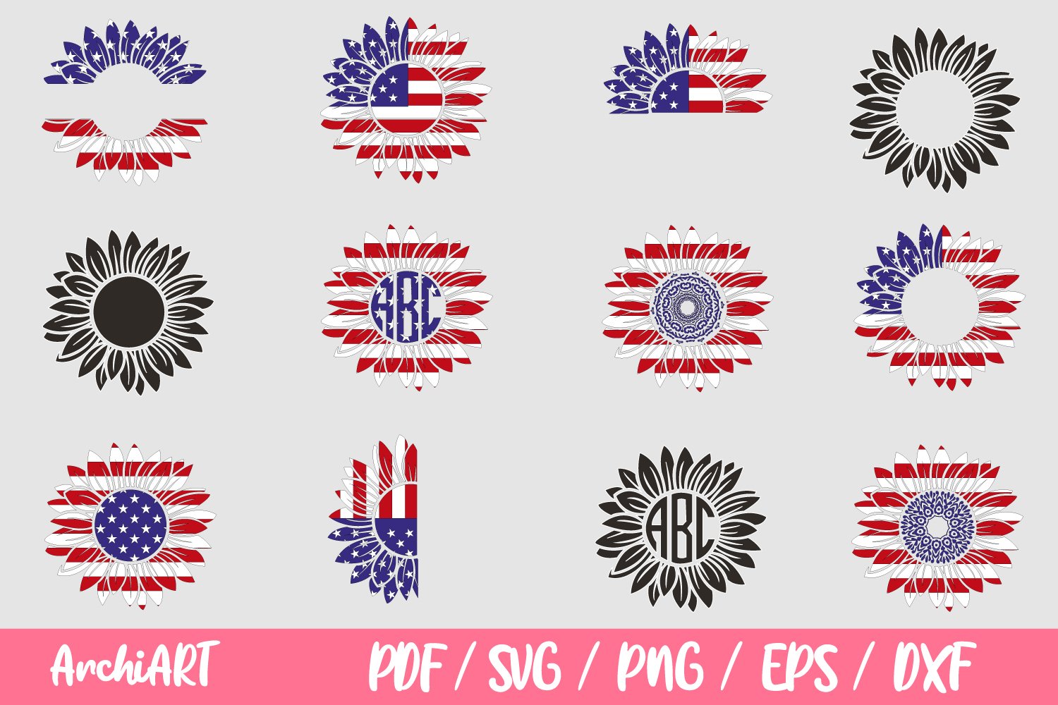 4th of July Sunflower SVG Bundle, American Flag Sunflower