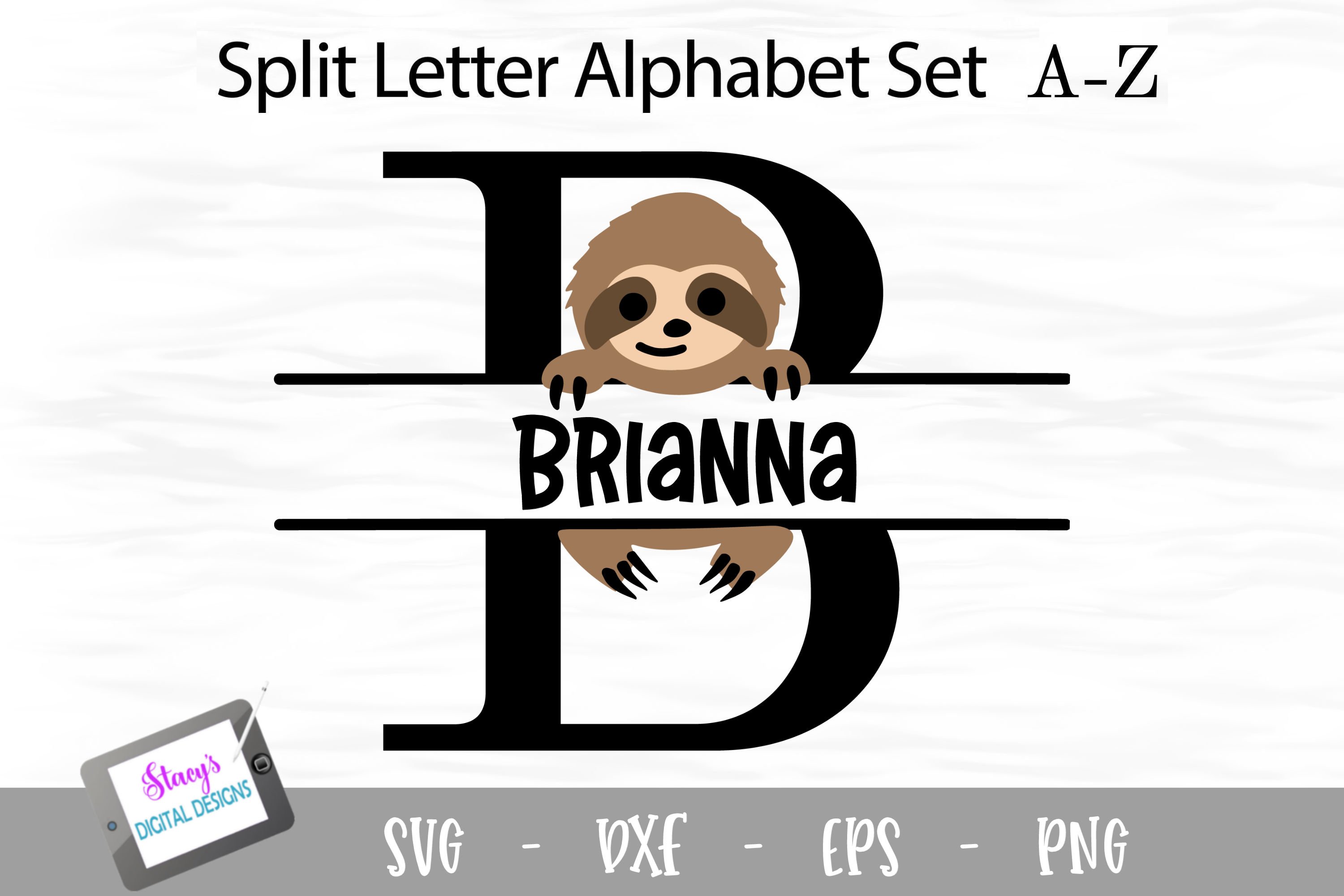 Sloth Split Letters A- Z - 26 Split Monogram SVG Files
