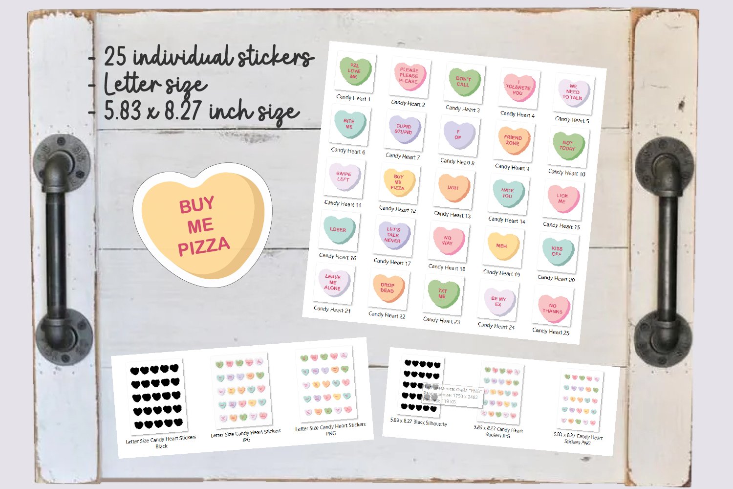 Funny Valentines Day Candy Heart Stickers. Printable PNG view 2