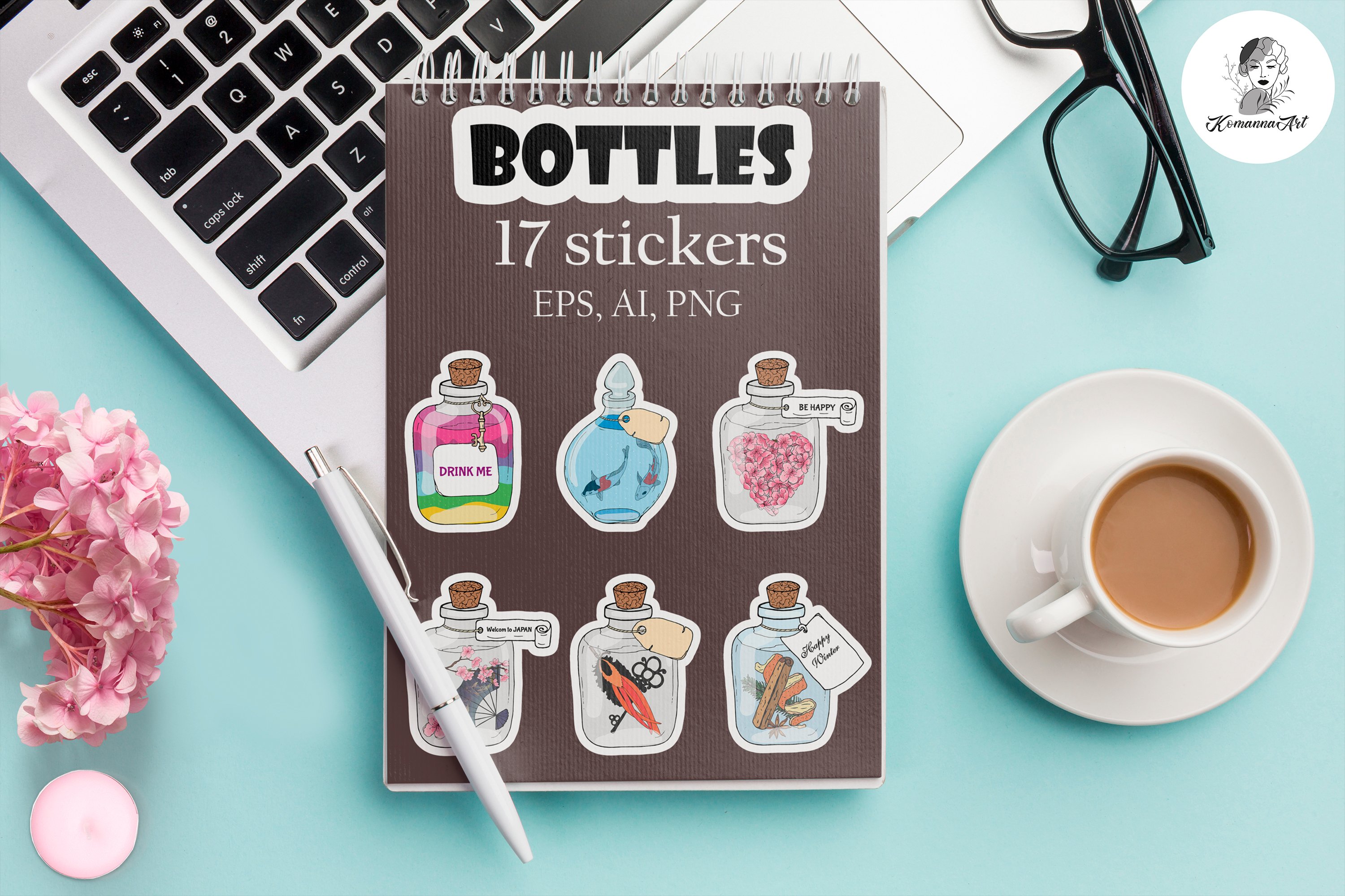 Vector Bundle Stickers graphics Digital doodle bottles!
