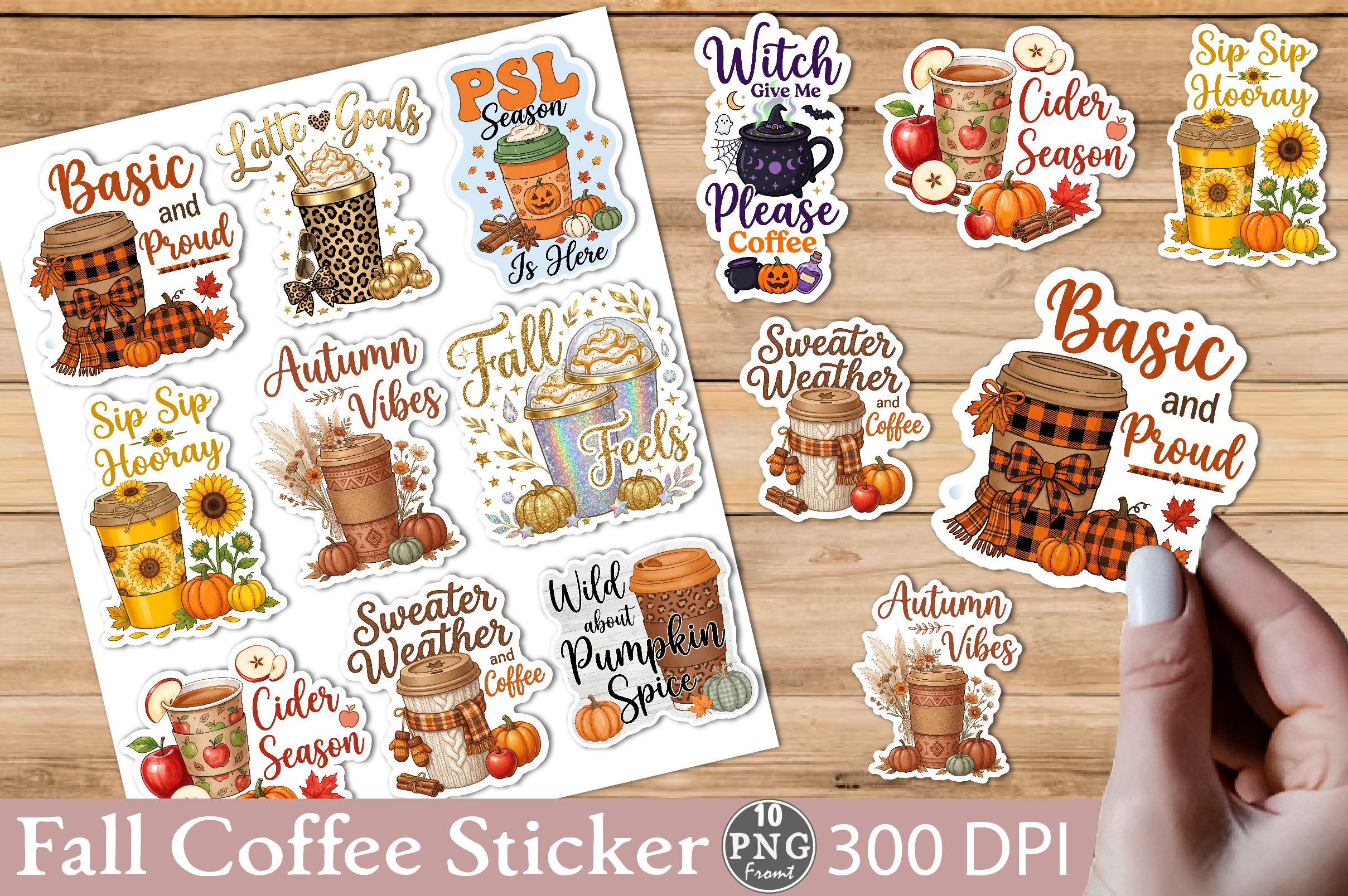 Fall Coffee Sticker PNG Bundle, Pumpkin Spice Latte