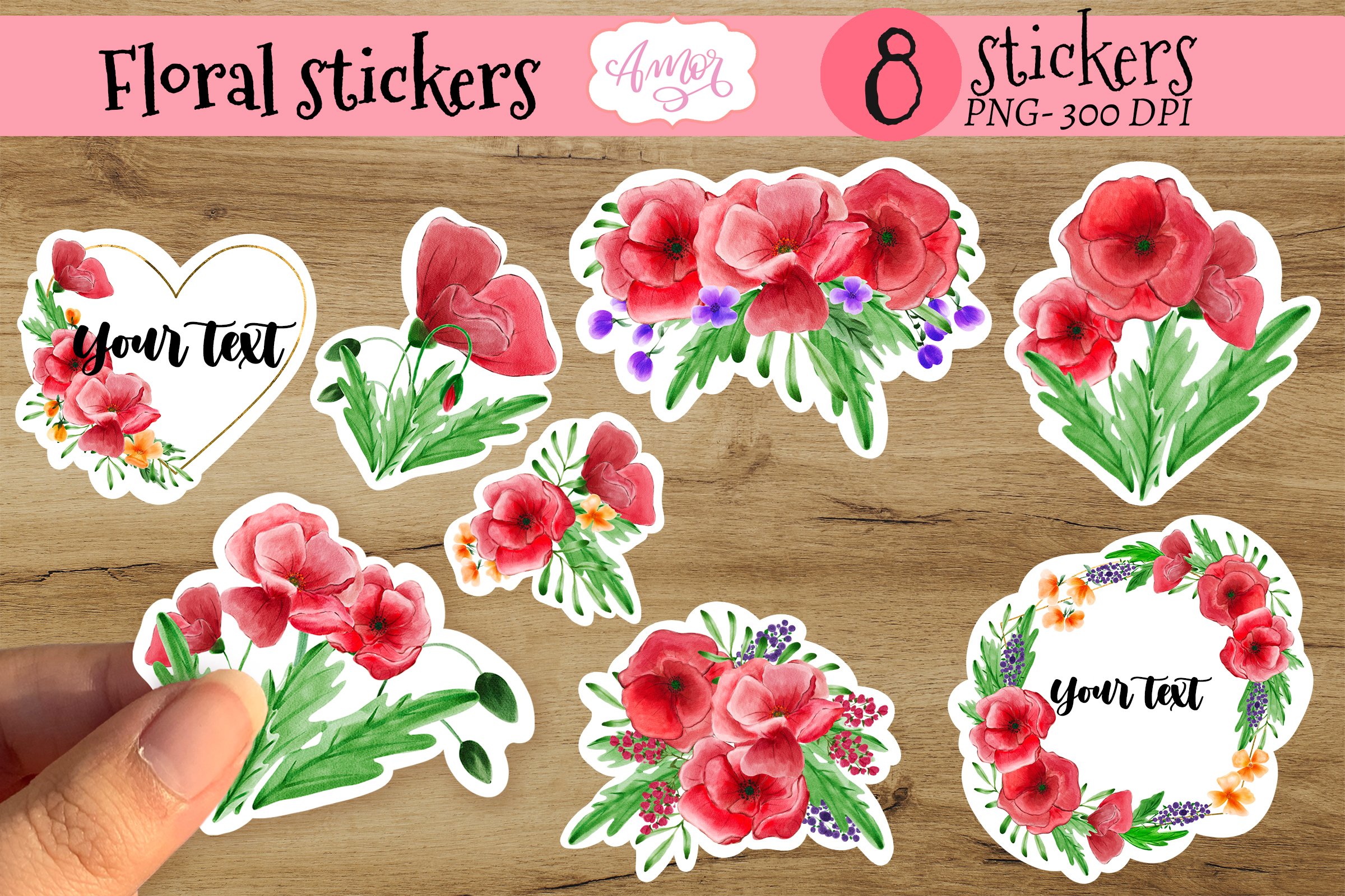 Watercolor poppy flower stickers for print   cut
