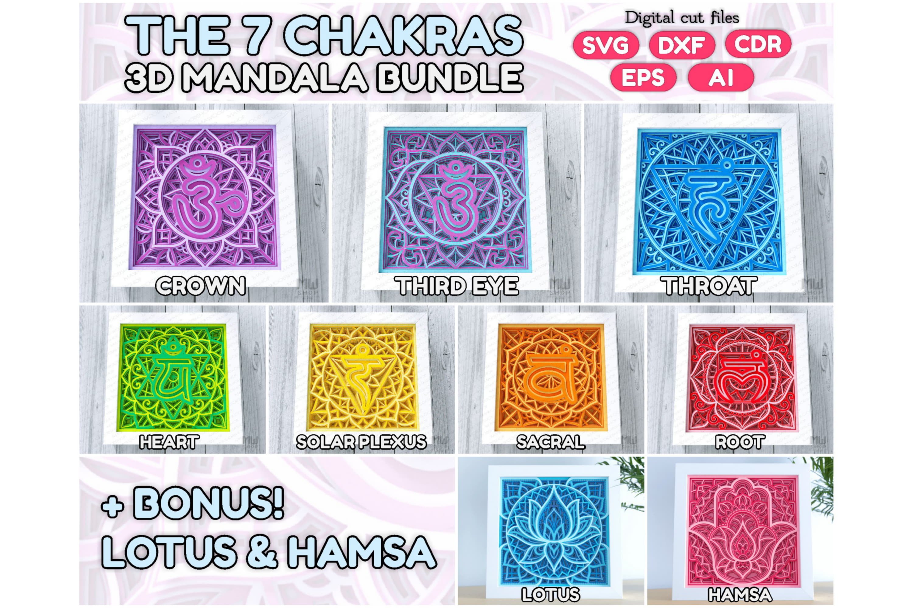 The 7 Chakras Mandala Bundle SVG DXF, 3D Chakras SVG Bundle