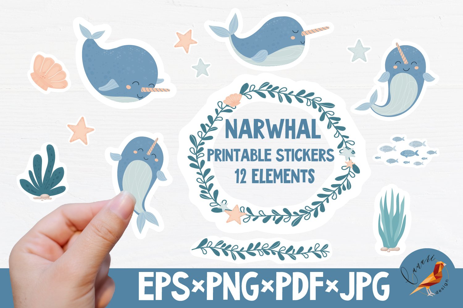 NARWHAL Colection Printable stickers PDF PNG