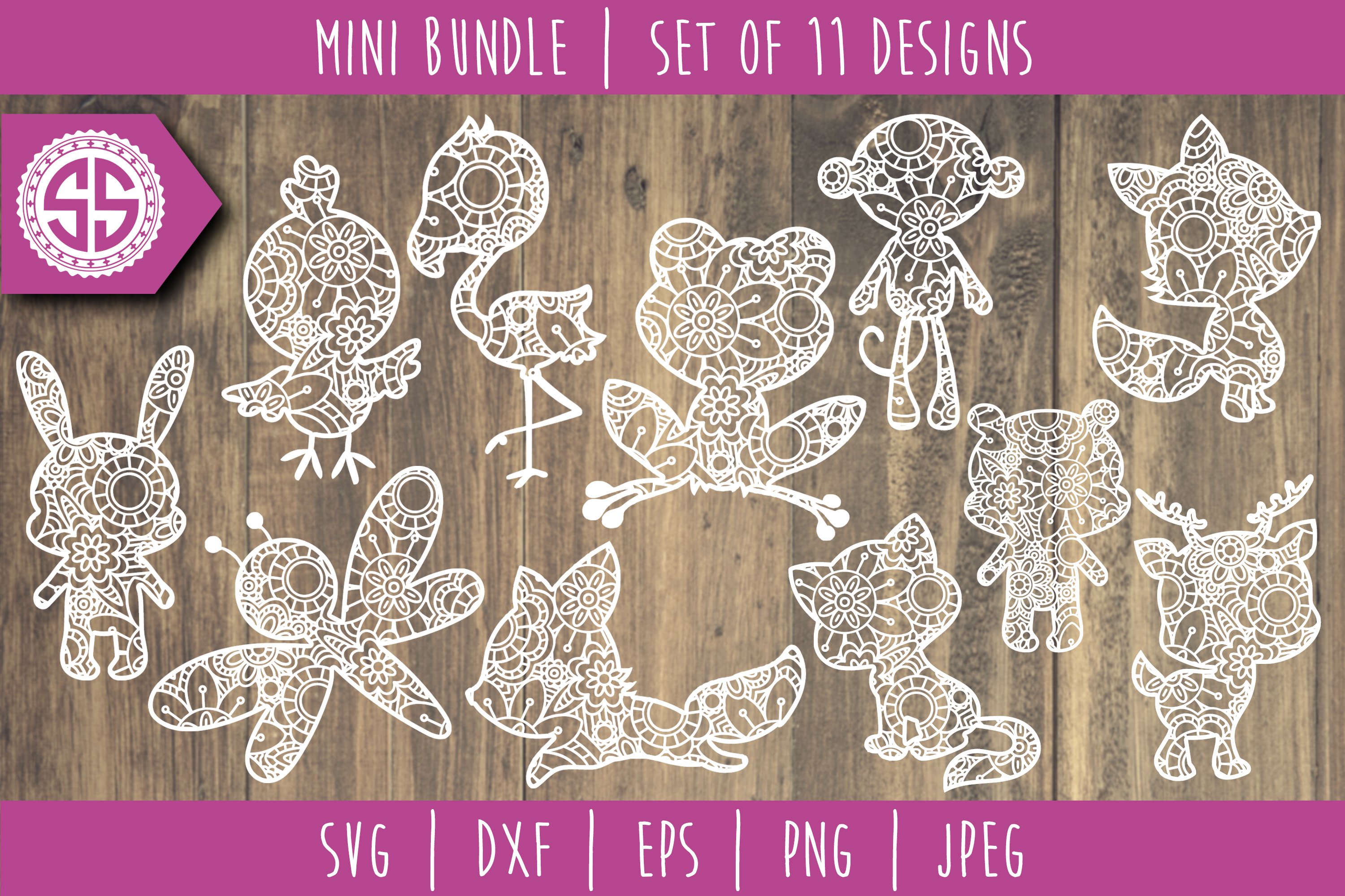 Cute Animals Mandala Zentangle Mini Bundle Set of 11 - SVG