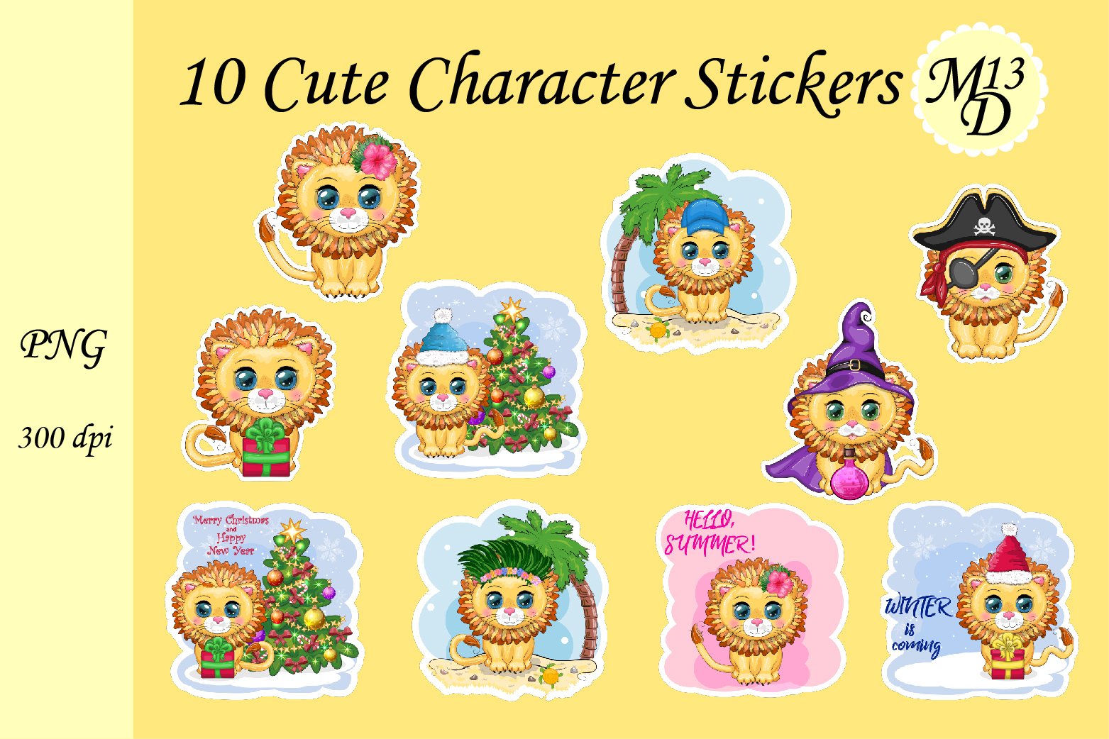 Cute lion 10 stickers png design