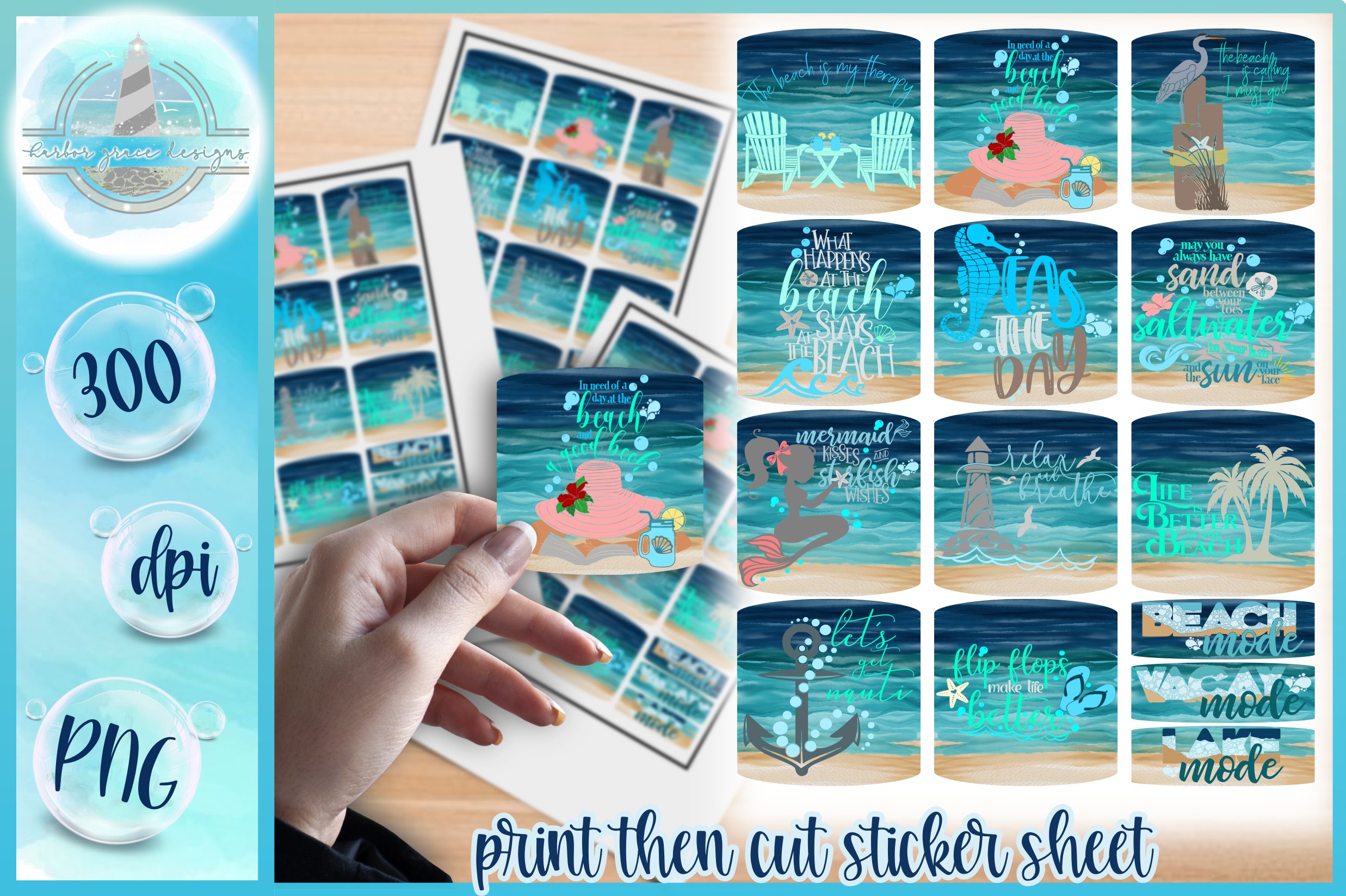 PNG Beach Quotes Printable Square Sticker Set - 300dpi PNG
