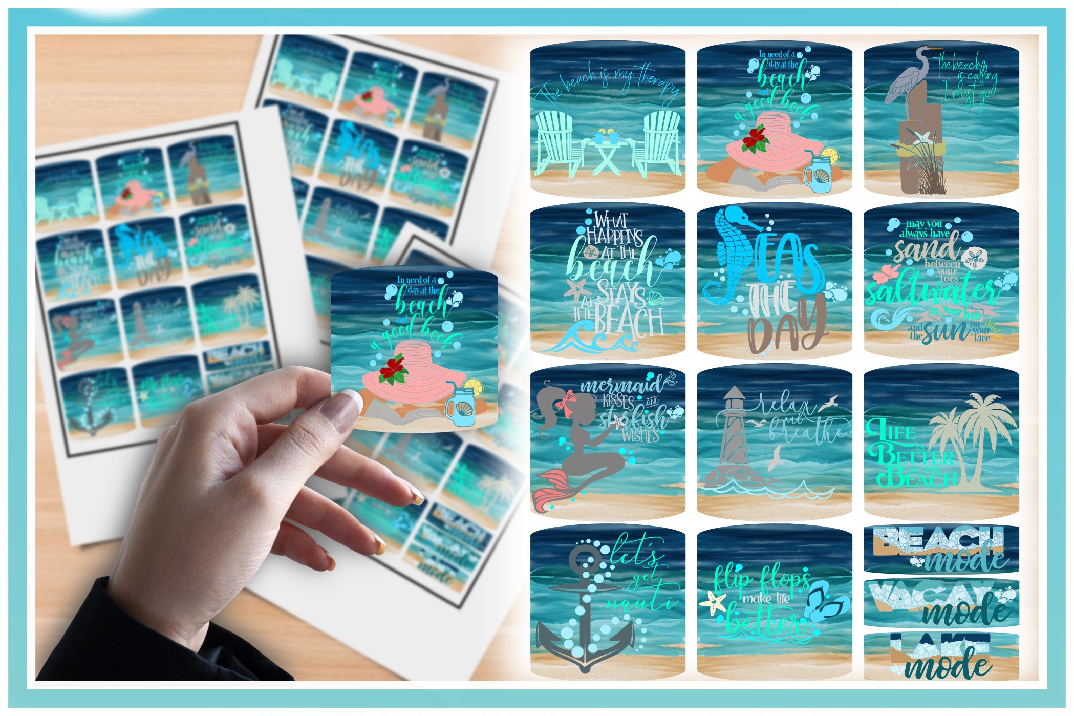PNG Beach Quotes Printable Square Sticker Set - 300dpi PNG view 3