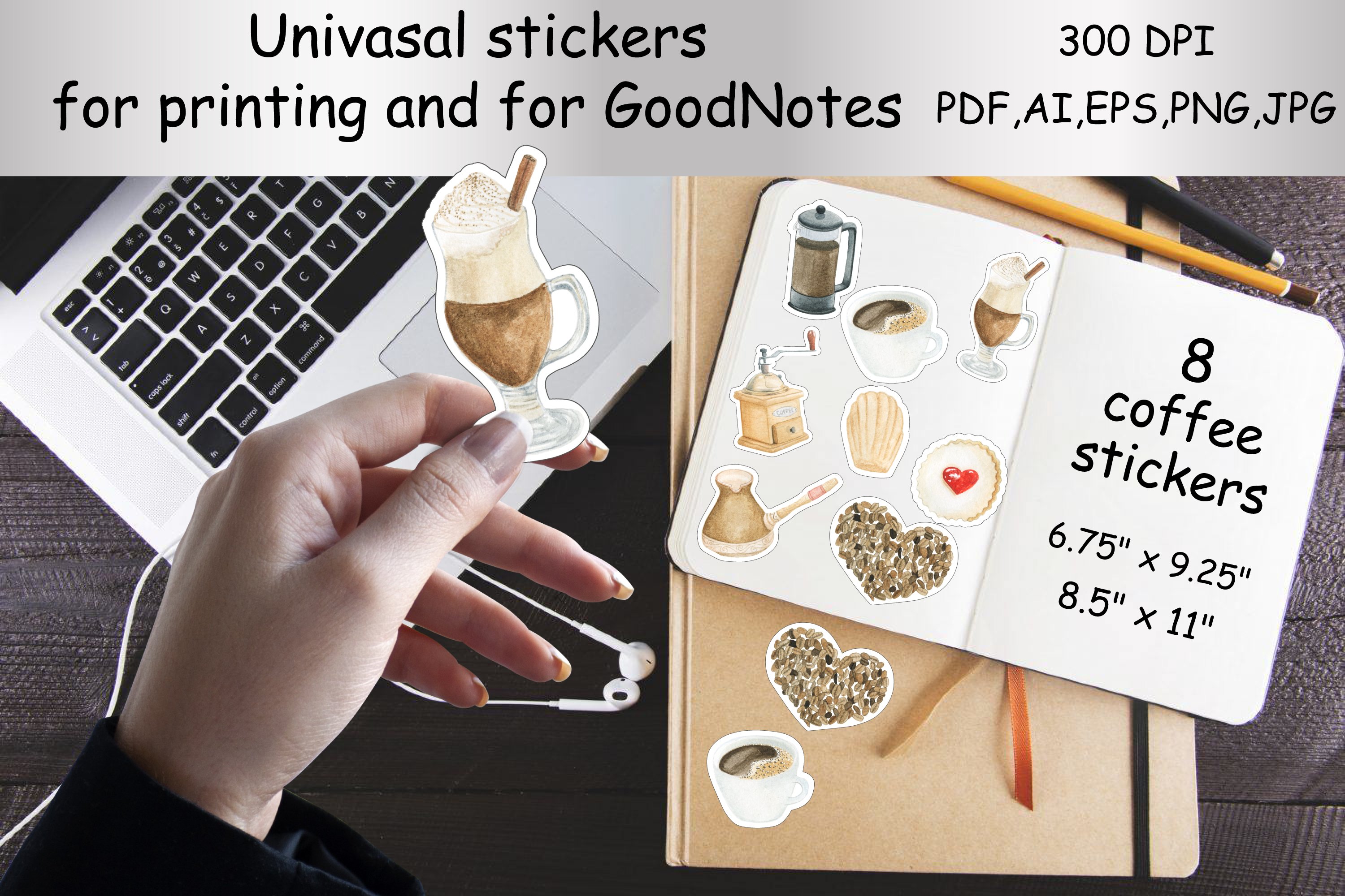 Stickers Print And Cut,for the GoodNotes.Watercolor Coffee