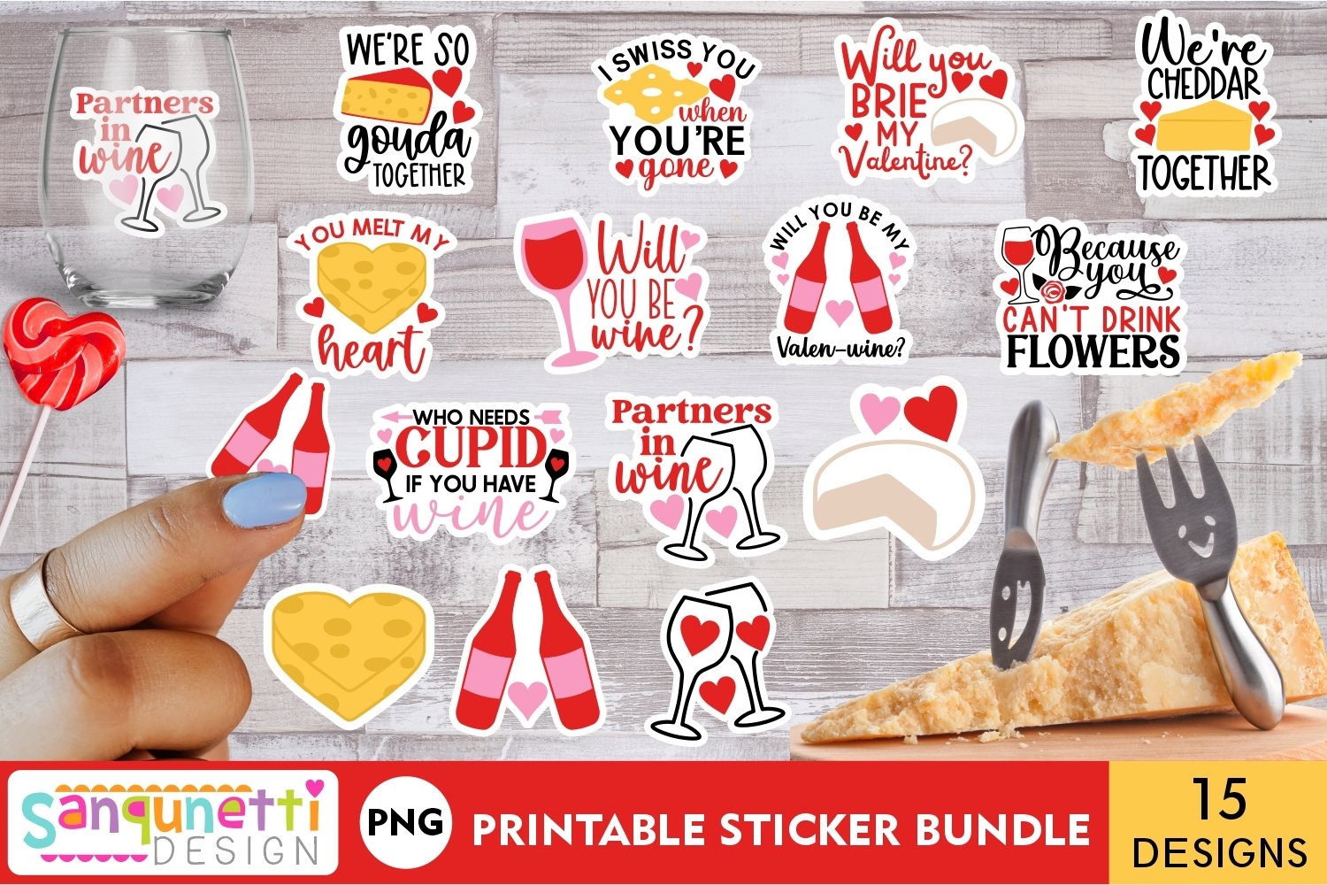 Valentine stickers | Valentine wine and cheese stickers