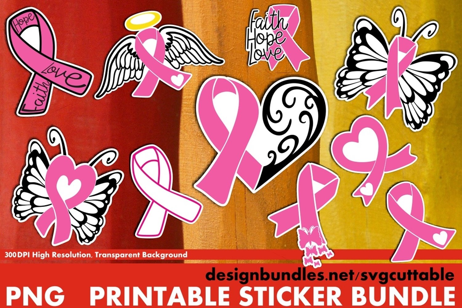 Cancer Breast Stickers Bundle, Pink Ribbon, Survivor Png