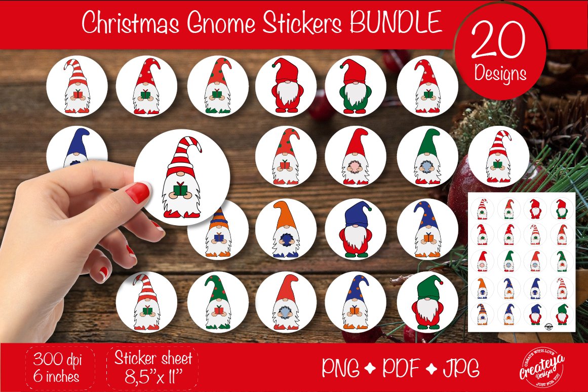 Printable Christmas Gnome Stickers Bundle. Round Stickers