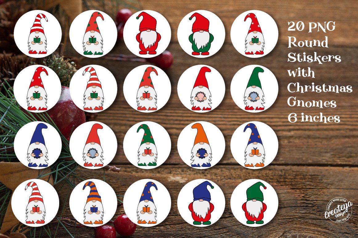 Printable Christmas Gnome Stickers Bundle. Round Stickers view 2