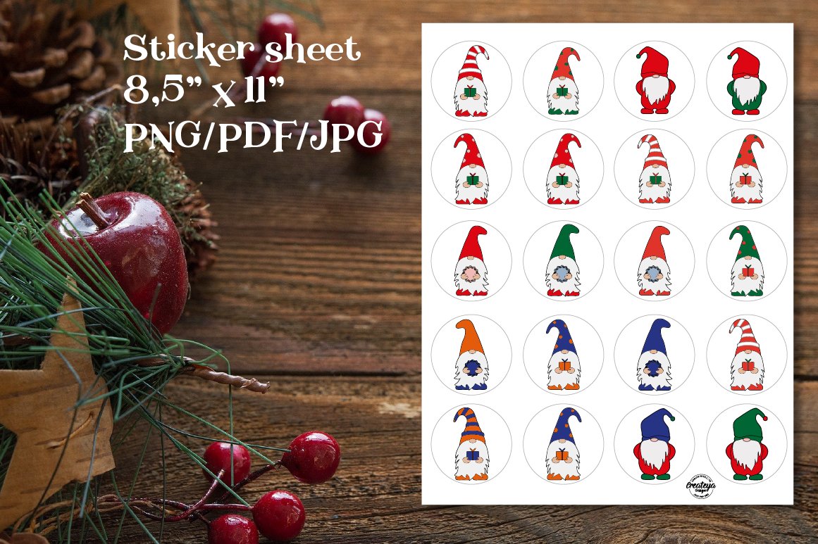 Printable Christmas Gnome Stickers Bundle. Round Stickers view 3