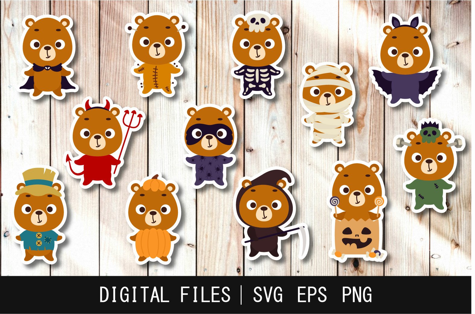Cute Halloween Bear Stickers PNG, Halloween Bear Clipart