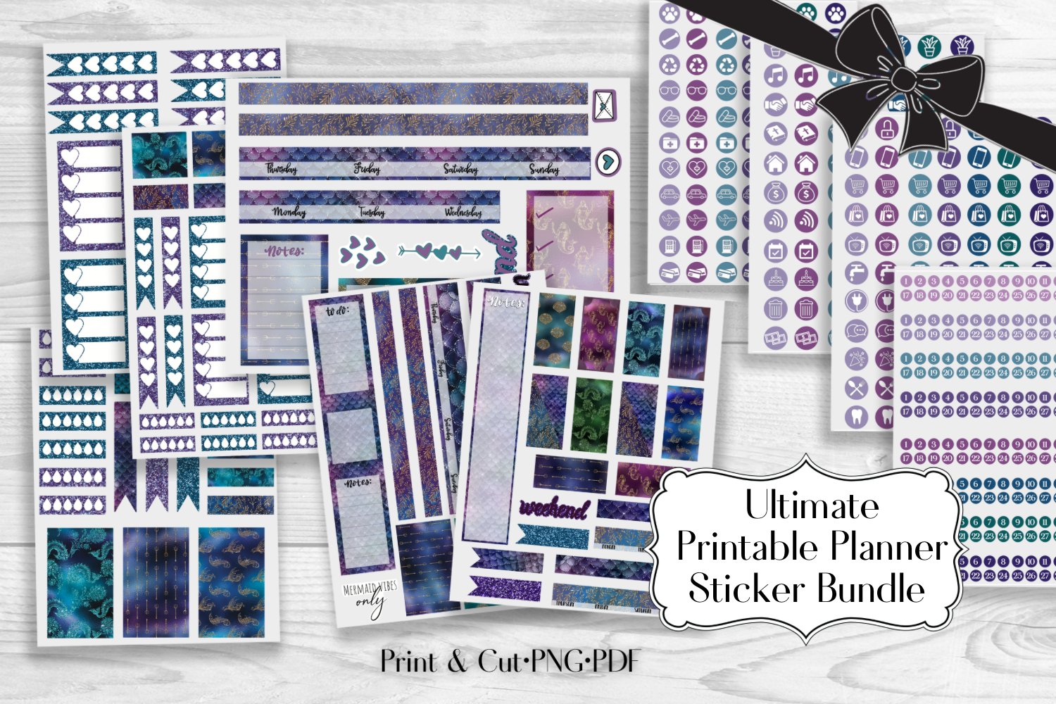 Printable Mermaid Theme Planner Sticker Kit in 3 sizes