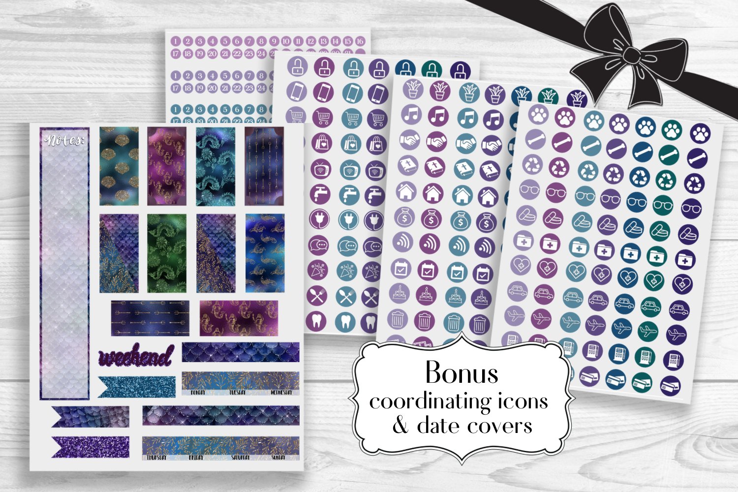 Printable Mermaid Theme Planner Sticker Kit in 3 sizes view 2