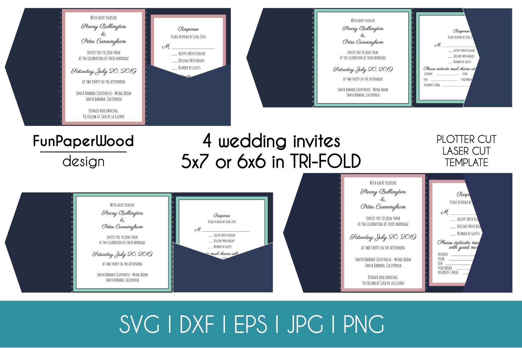Set 4 Tri Fold Pocket Invitation 6x6 or 5x7 in Svg Dxf Eps