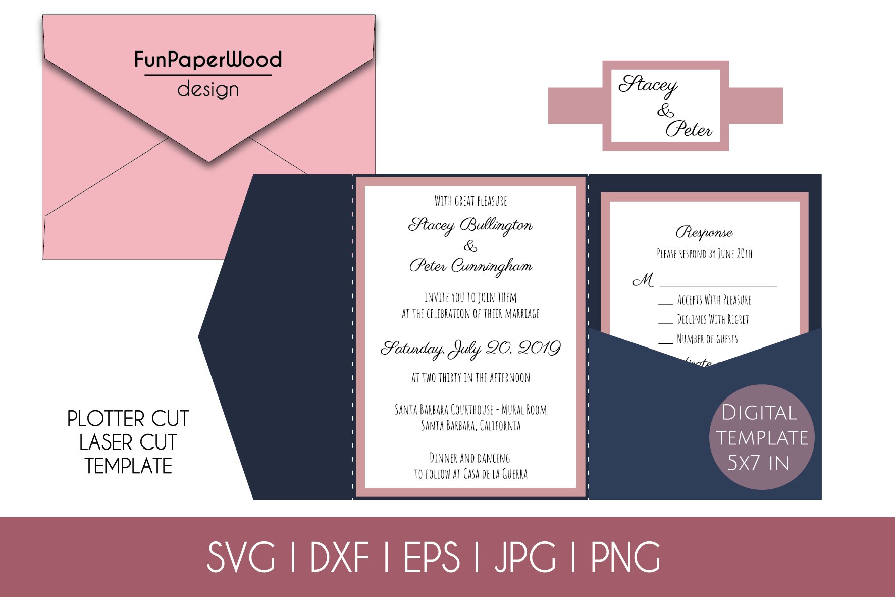 Set 4 Tri Fold Pocket Invitation 6x6 or 5x7 in Svg Dxf Eps view 2