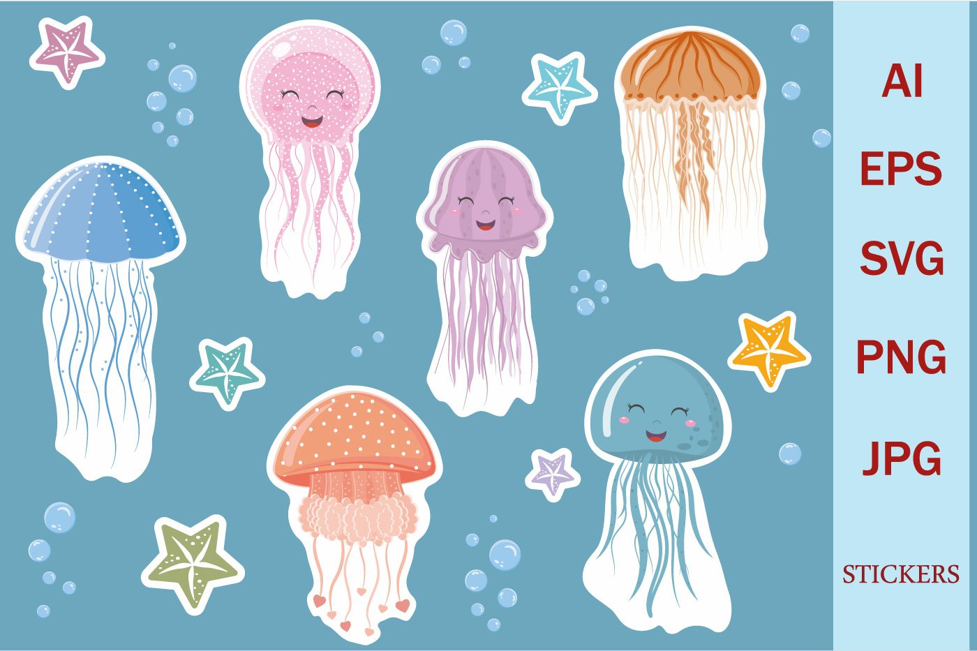 Cute jellyfish characters, a set of stickers for printing