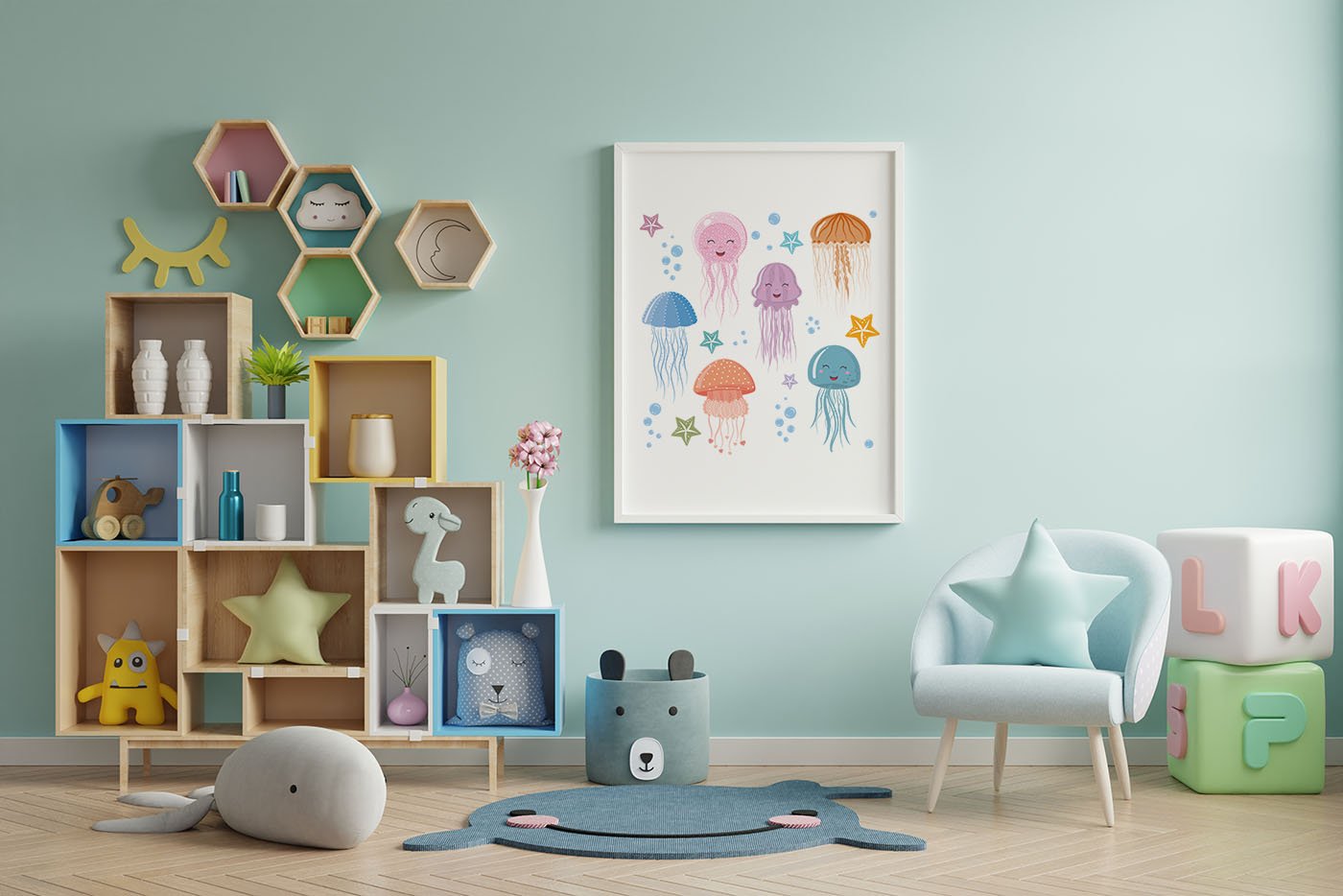 Cute jellyfish characters, a set of stickers for printing view 3