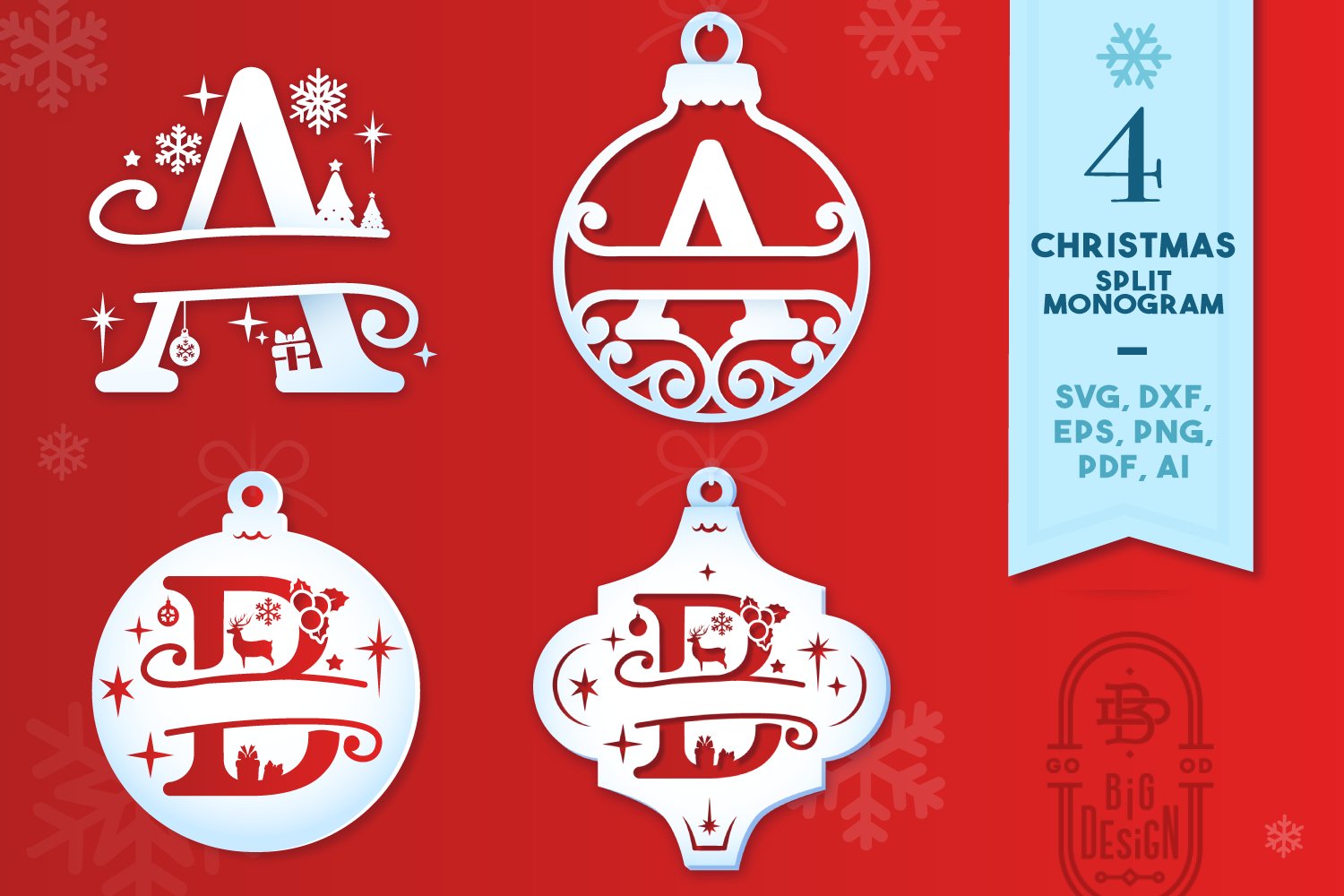 Christmas Ornaments | 4x Christmas Split Monogram Alphabets