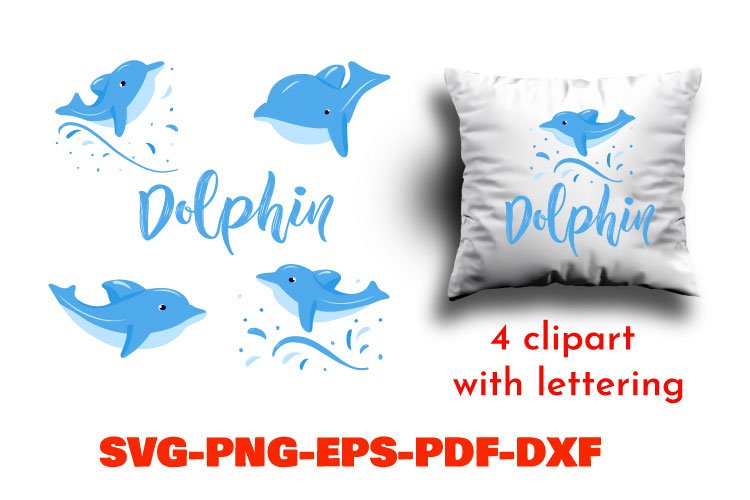 Bundle of 4 dolphin clipart with lettering. SVG, PNG