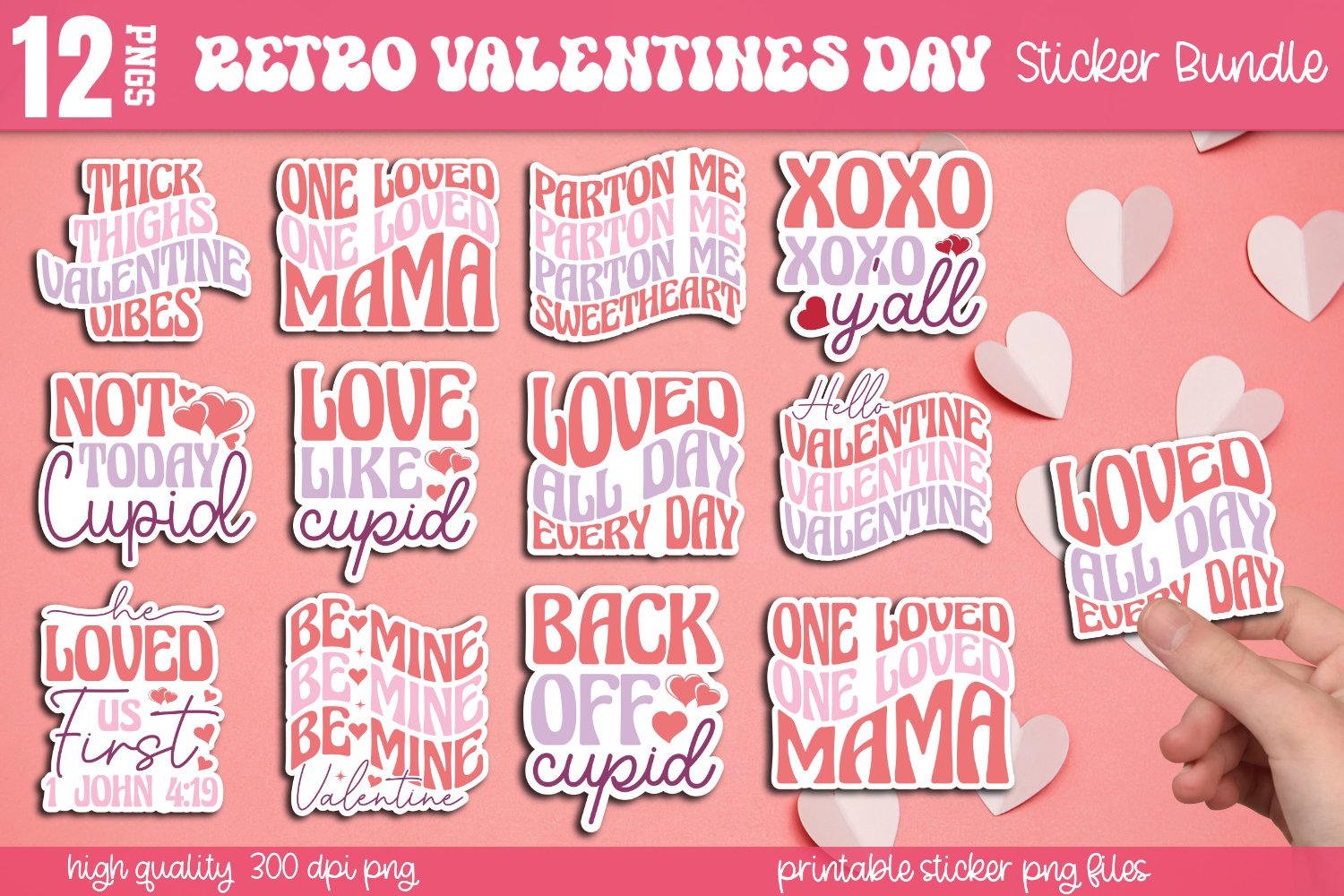 Retro Valentines Day Stickers Bundle, Valentines Stickers