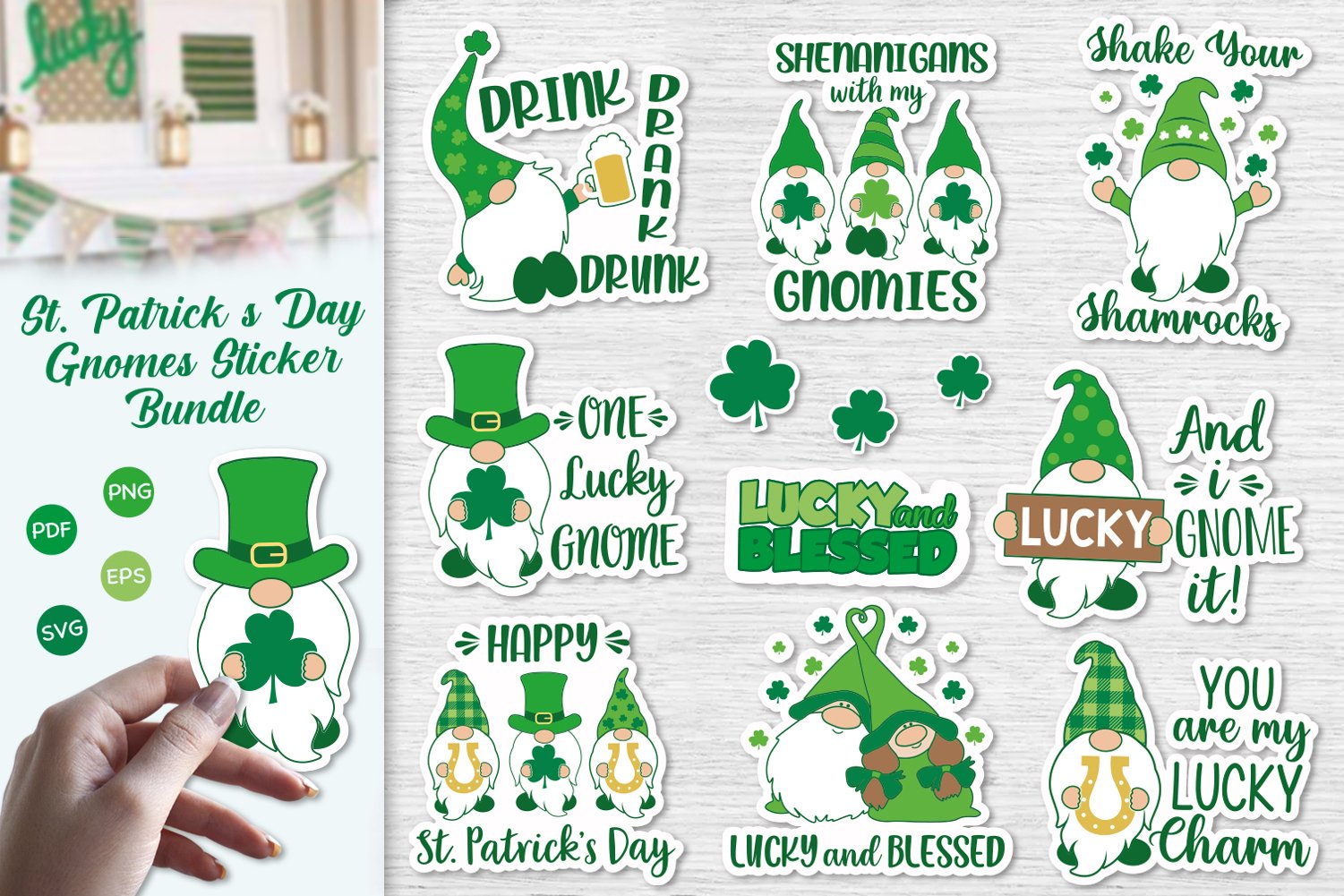 St. Patricks Day Gnomes, St. Patricks Day Stickers Bundle