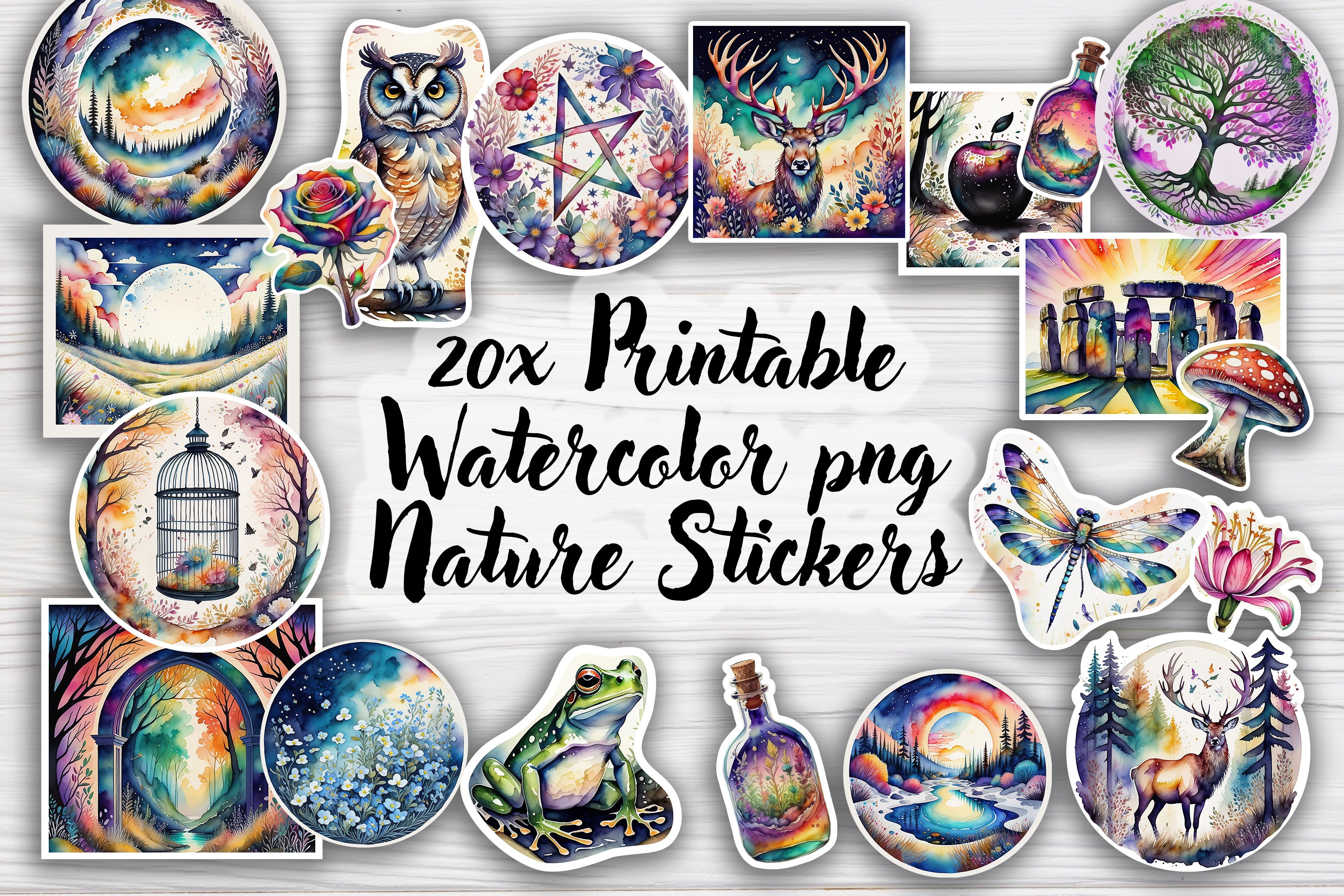 Watercolor Magical Nature PNG Printable Stickers