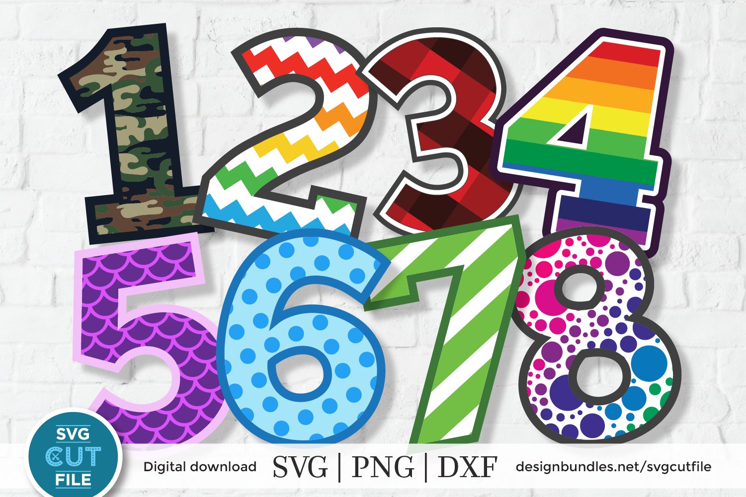 Striped numbers svg, polka dot numbers, numbers bundle dxf
