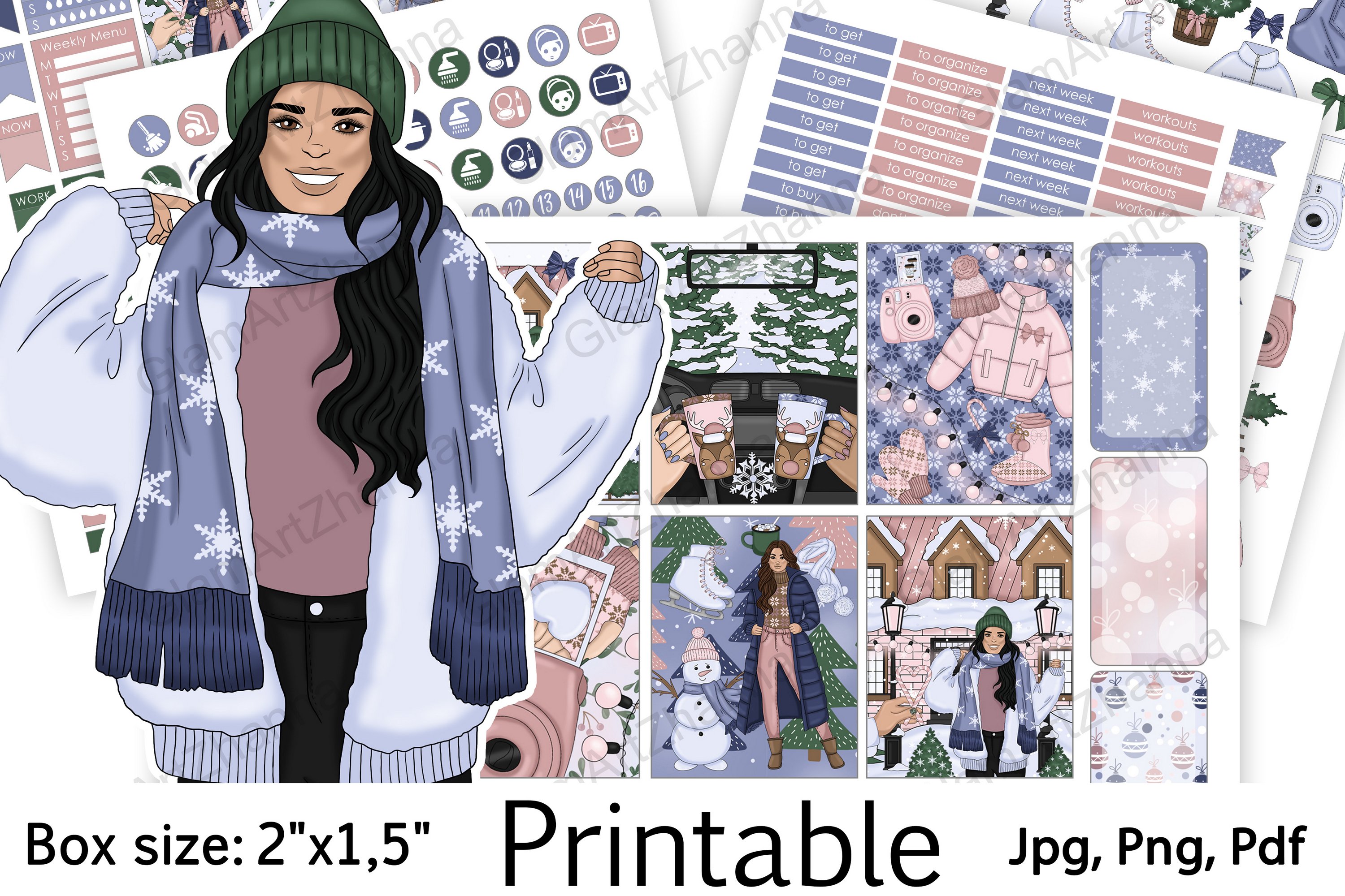 Winter Christmas Holiday Printable Stickers Box Size 2"x1,5"