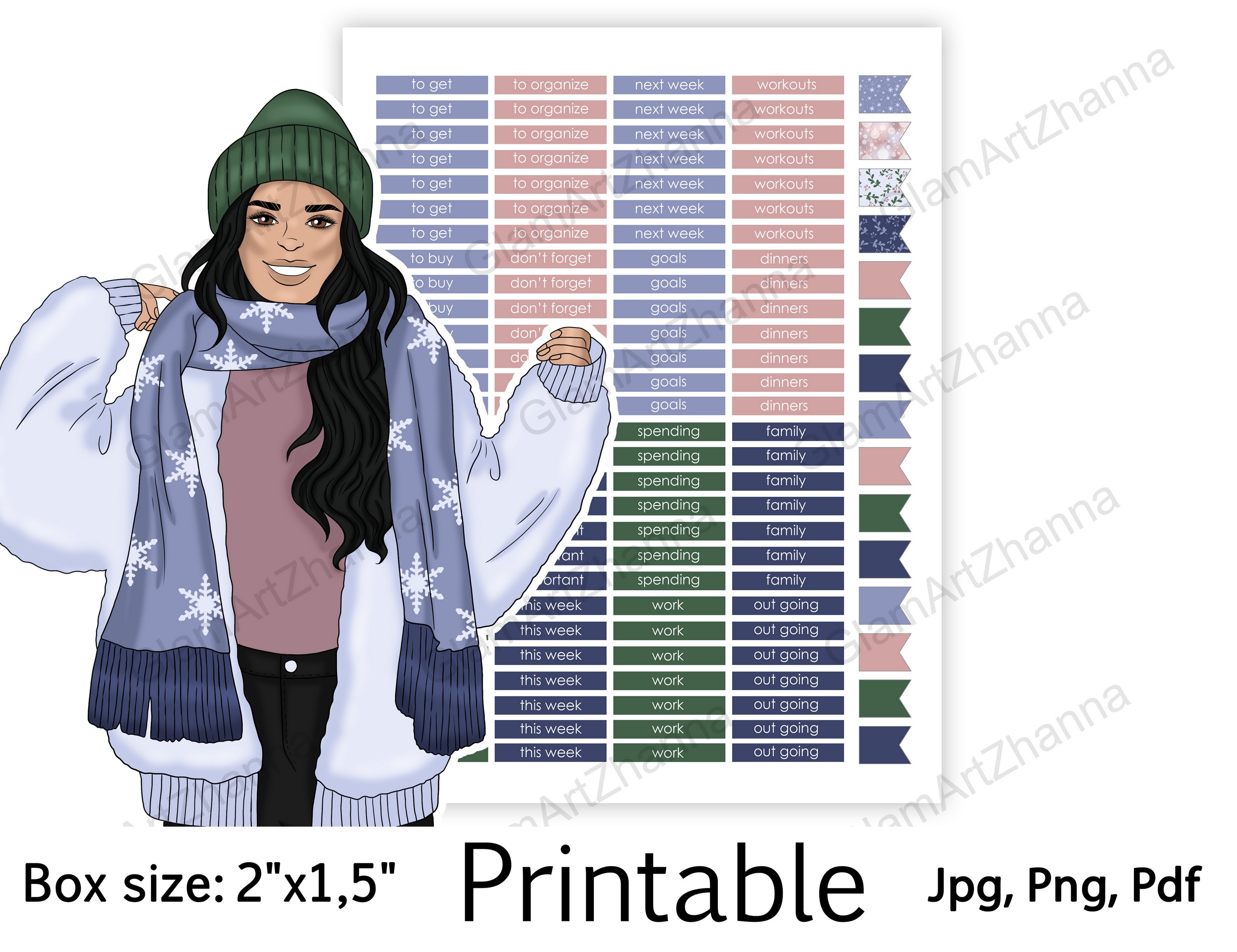 Winter Christmas Holiday Printable Stickers Box Size 2"x1,5" view 2
