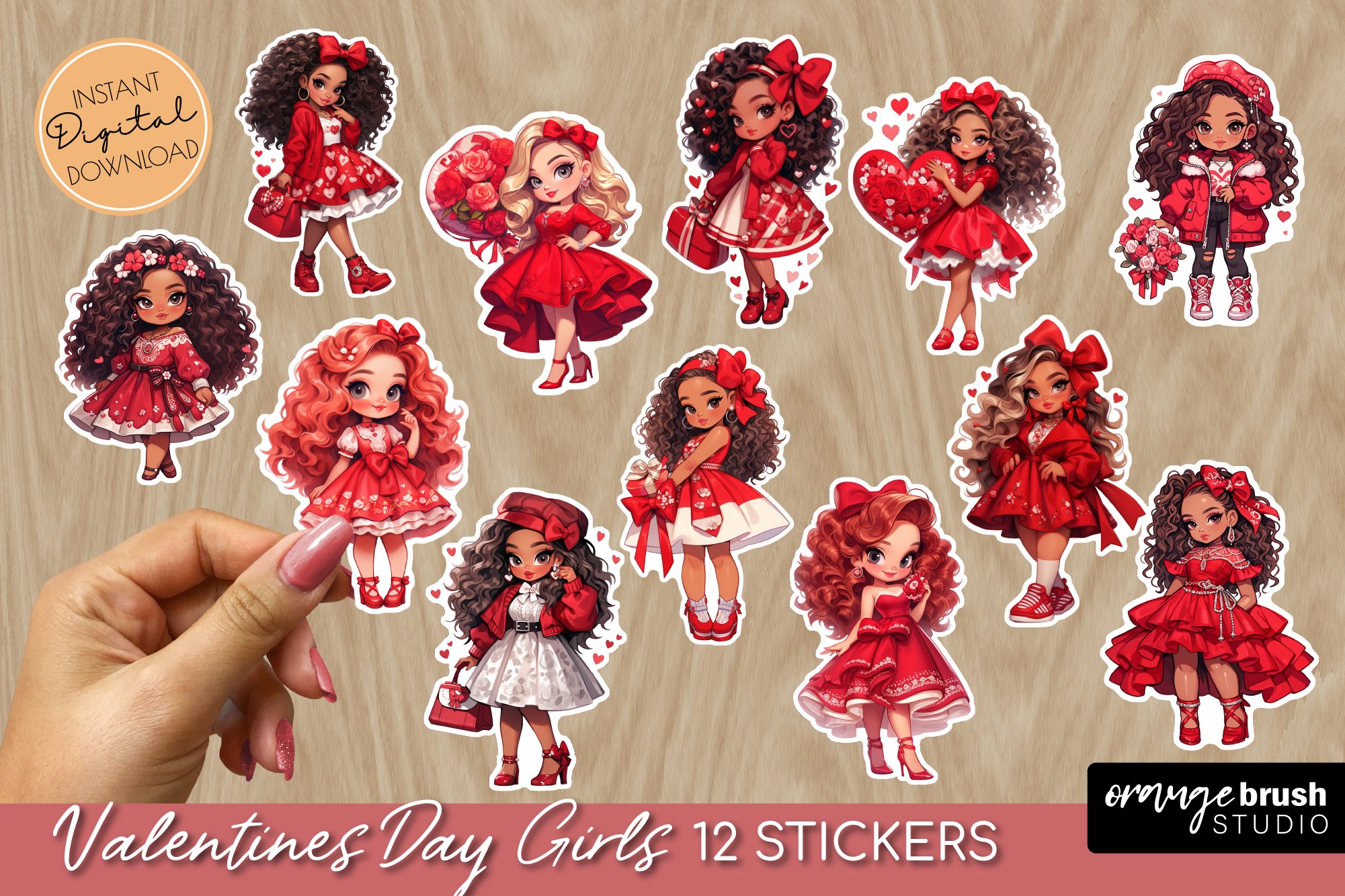 Valentine Stickers, Valentines Day Chibi Girl Stickers