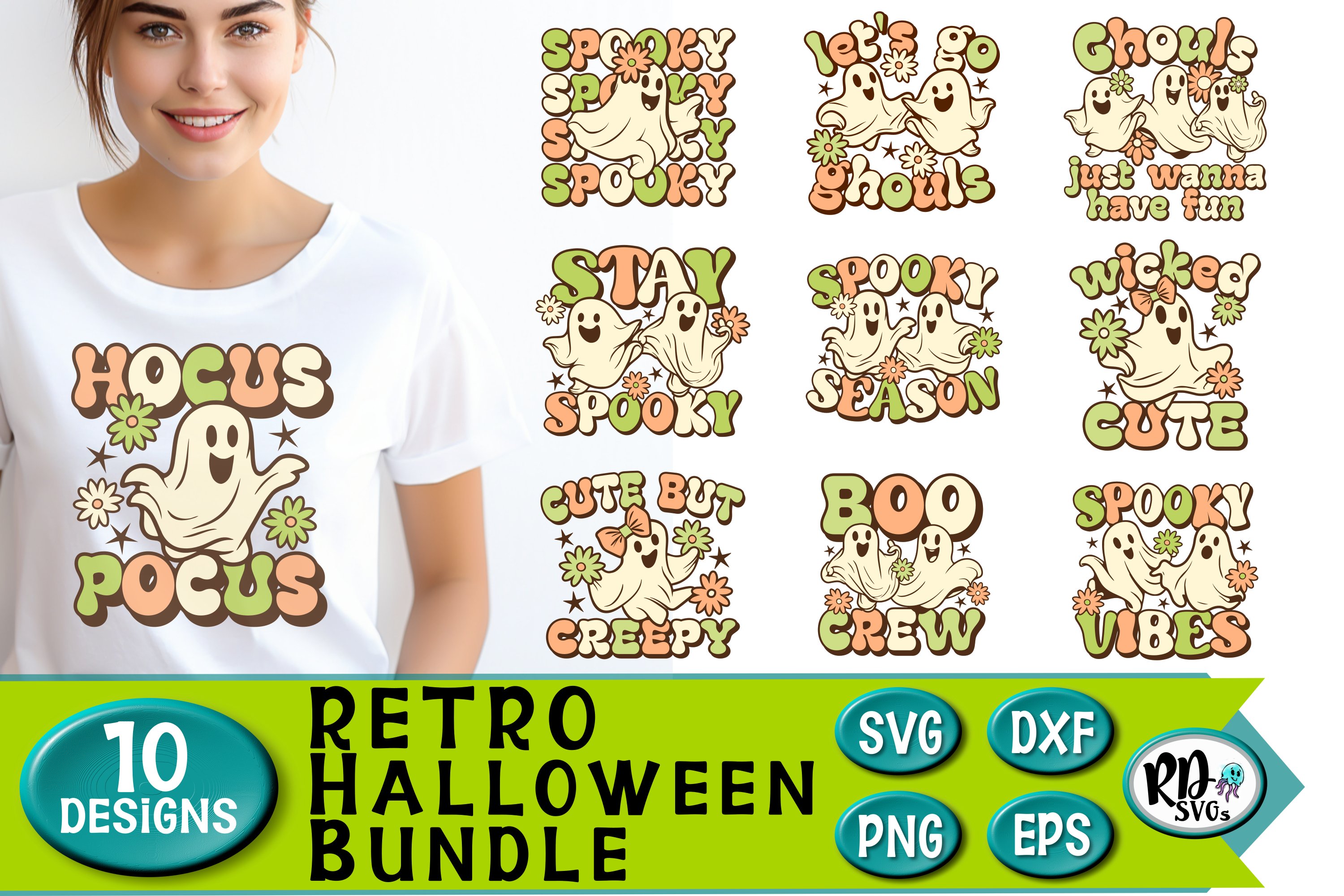 A Bundle of 10 Retro Ghost Halloween Layered Cut Files