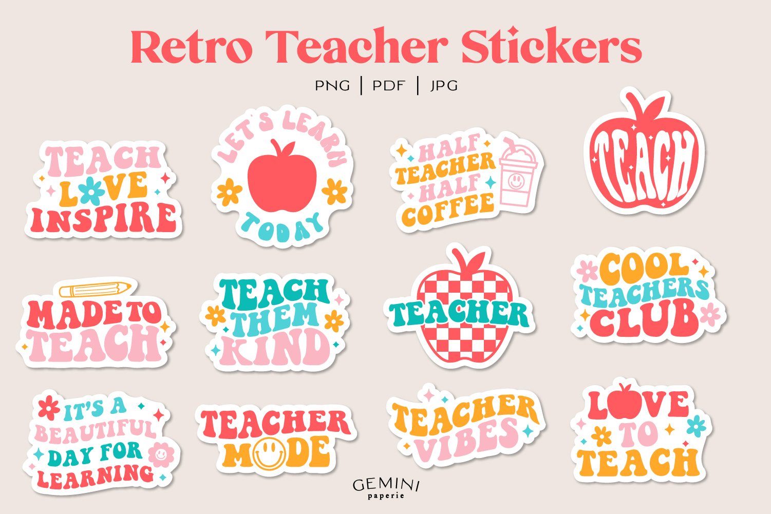 Retro Teacher Stickers | Teaching Png | Learning Stickers