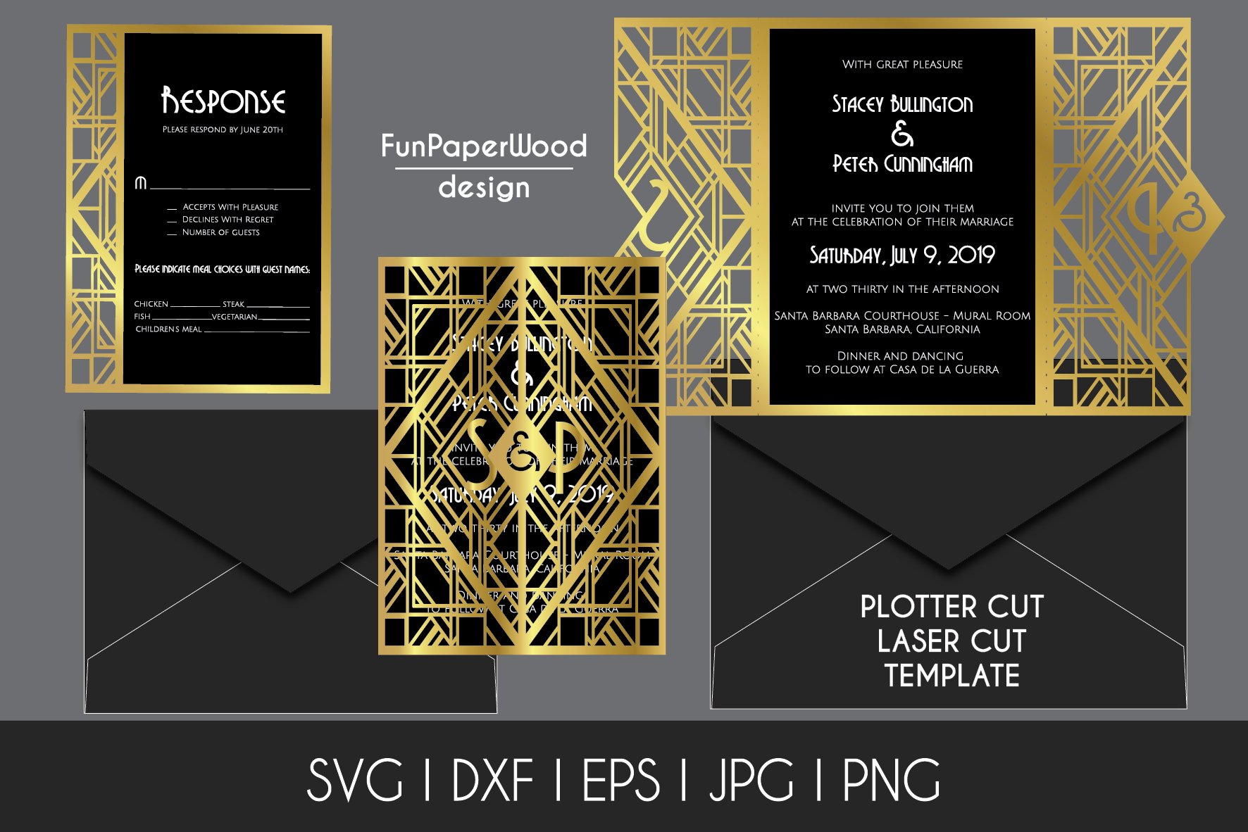 Art Deco gate-fold Invitation 5x7 in Svg Dxf Eps cut file