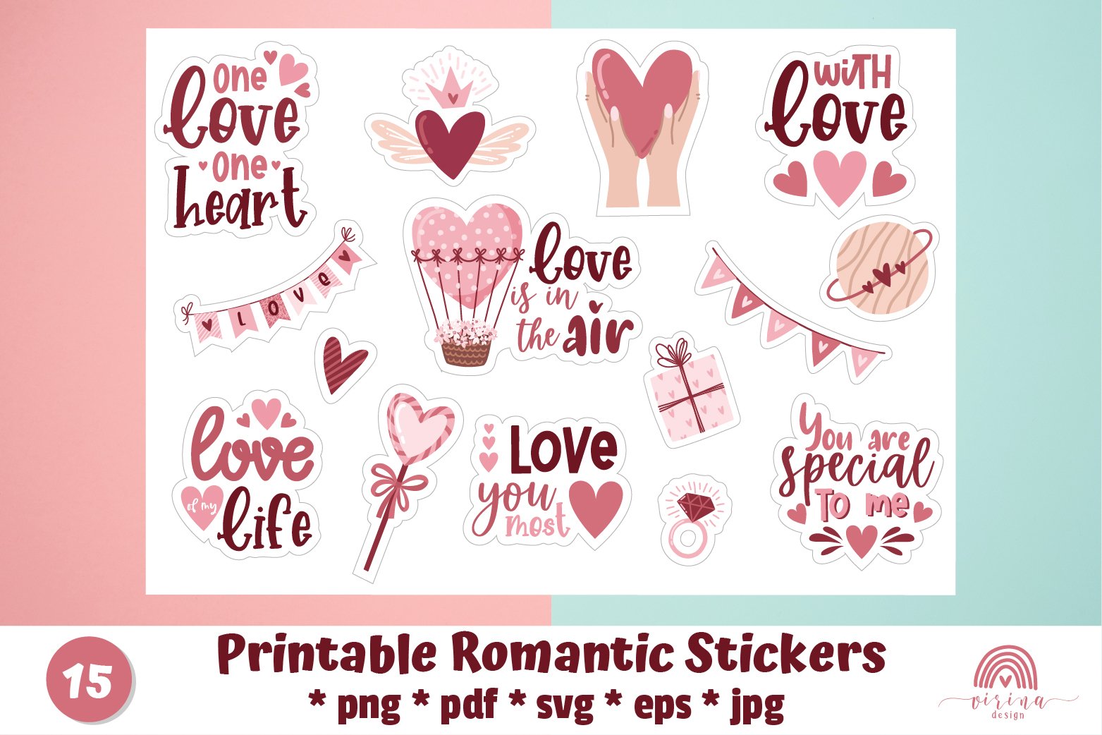 Romantic Sticker printable bundle png. 15 PNG designs